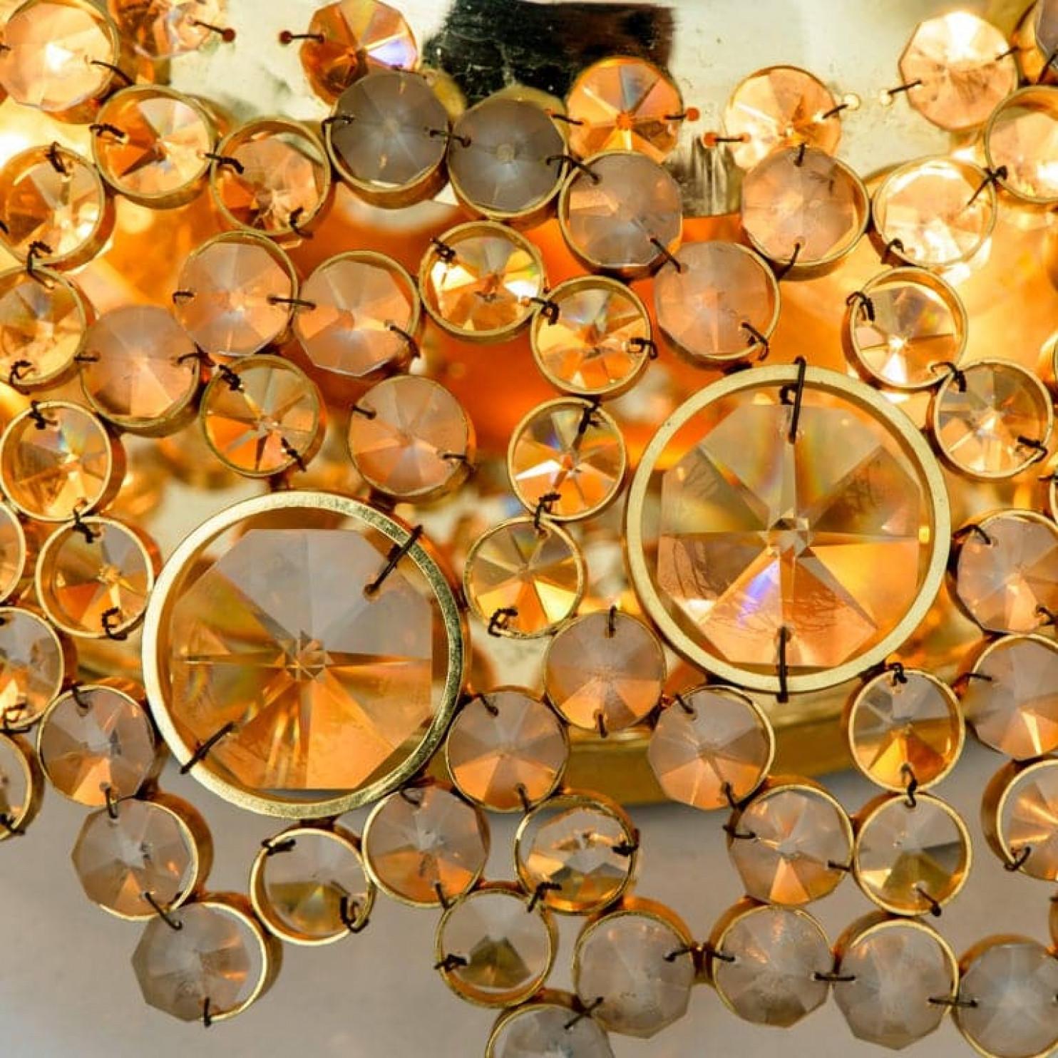 Pair of Gilded Brass and Crystal Glass Flush Mount Wall Light by Palwa, 1960s en vente 3