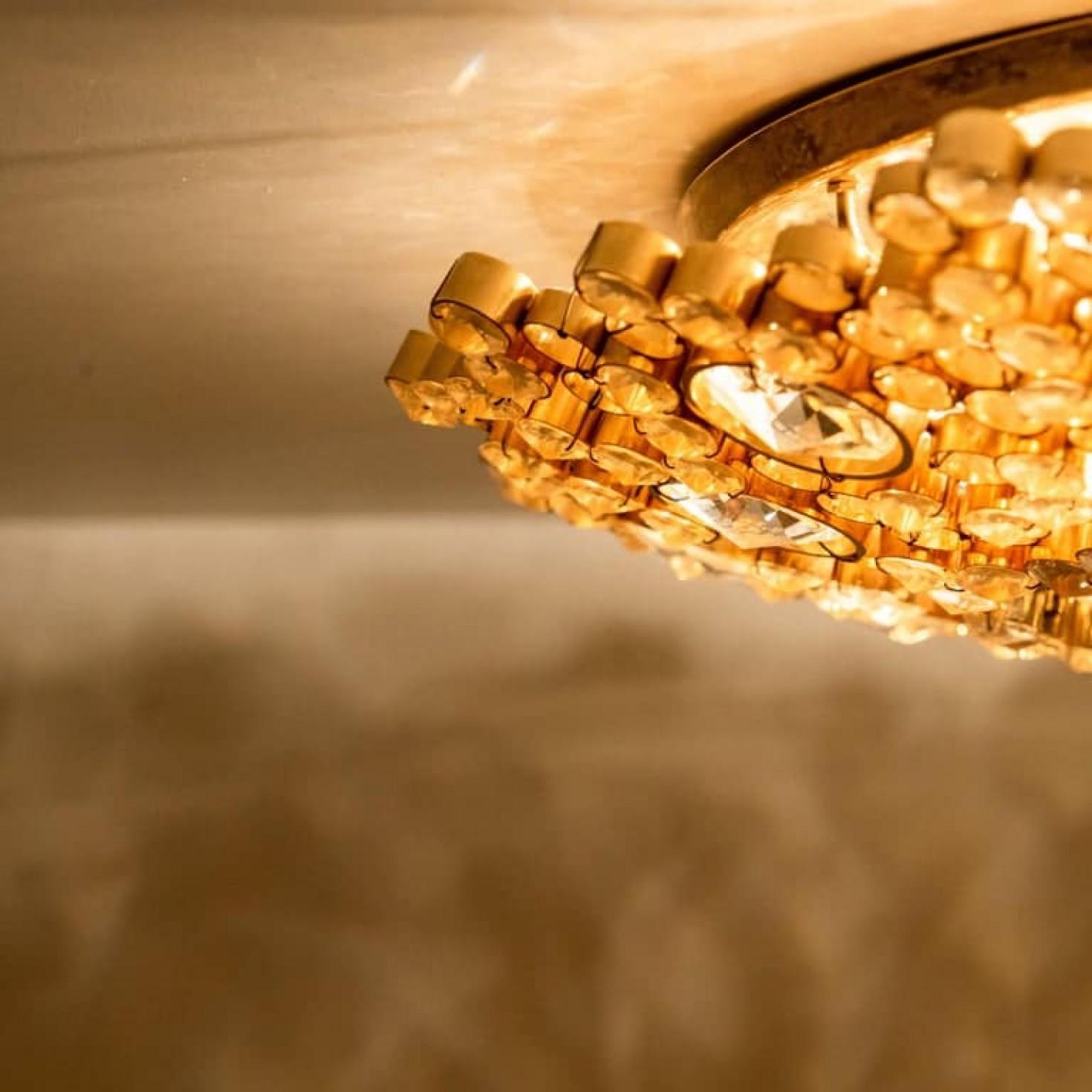 Pair of Gilded Brass and Crystal Glass Flush Mount Wall Light by Palwa, 1960s en vente 6