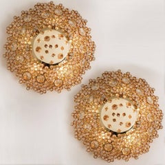 Pair of Gilded Brass and Crystal Glass Flush Mount Wall Light by Palwa, 1960s