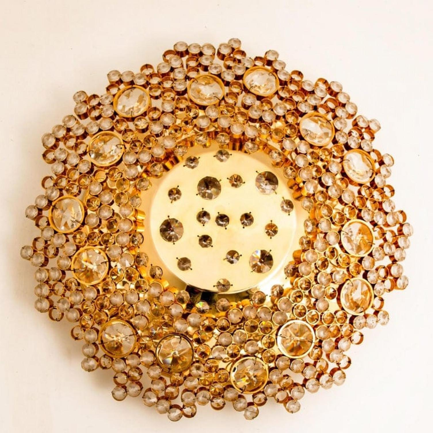 Autre Pair of Gilded Brass and Crystal Glass Flush Mount Wall Light by Palwa, 1960s en vente