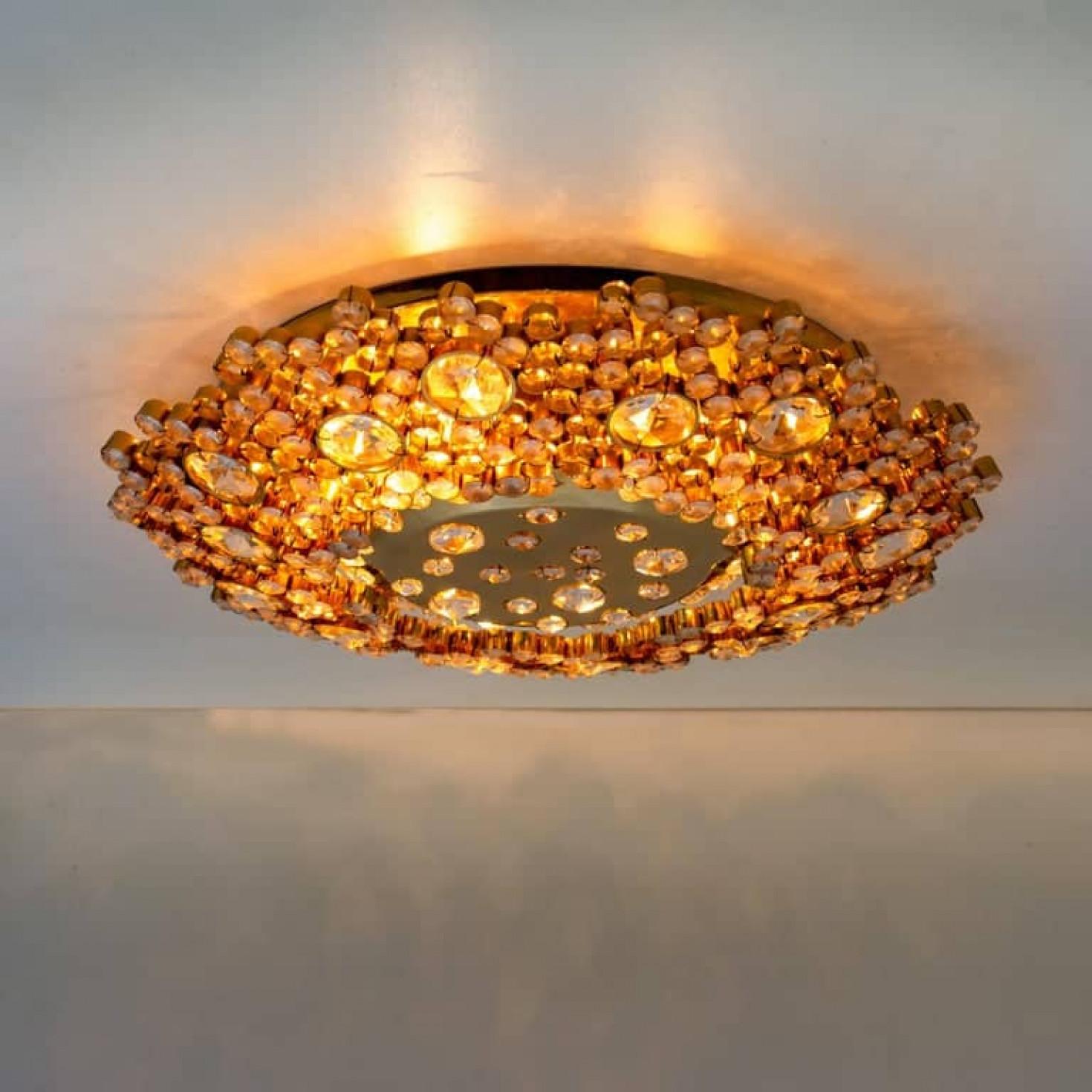 Autre Pair of Gilded Brass and Crystal Glass Flush Mount Wall Light by Palwa, 1960s en vente