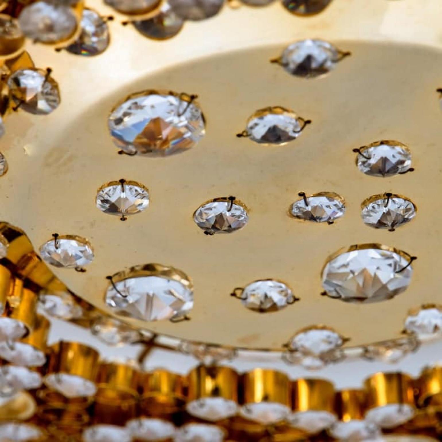 Pair of Gilded Brass and Crystal Glass Flush Mount Wall Light by Palwa, 1960s Abîmé - En vente à Rijssen, NL