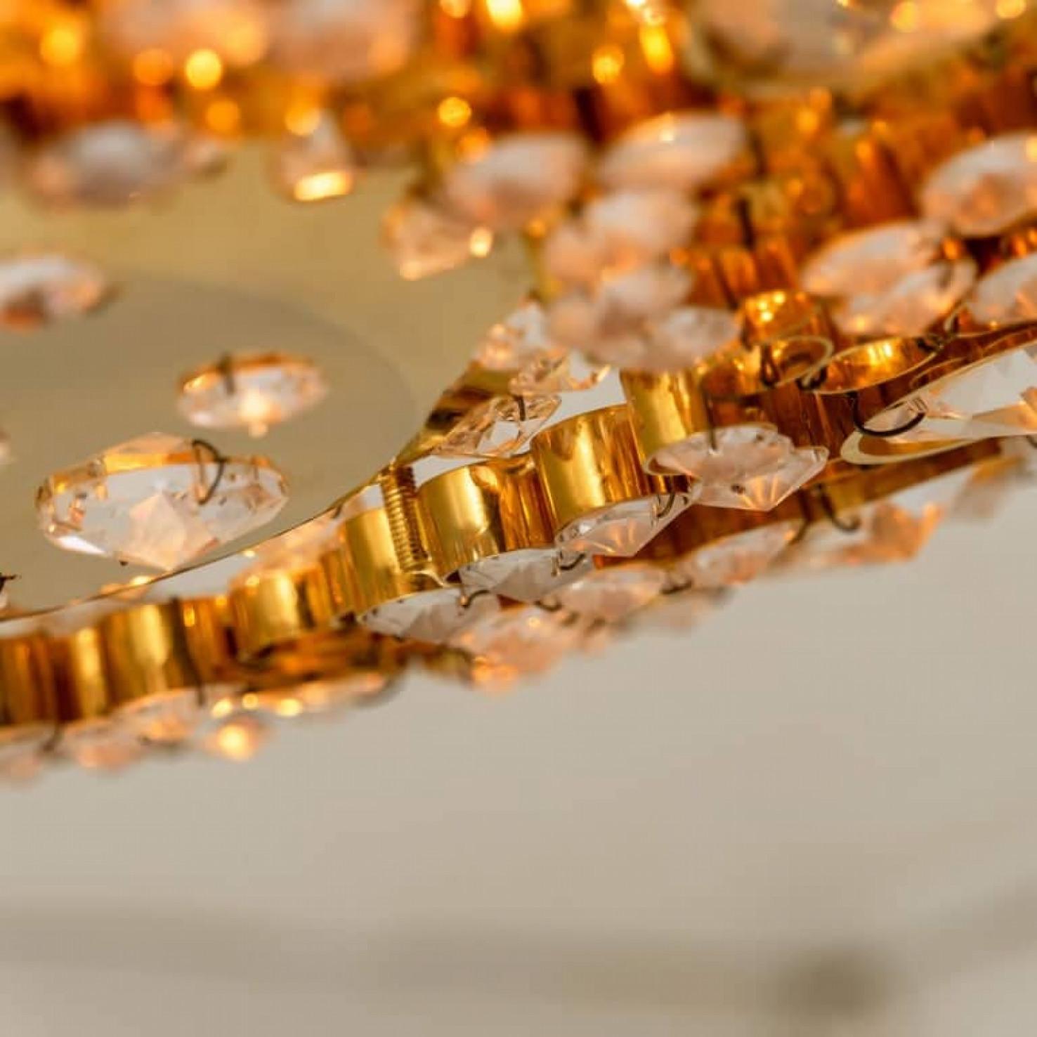 Autre Pair of Gilded Brass and Crystal Glass Flush Mount Wall Light by Palwa, 1960s en vente