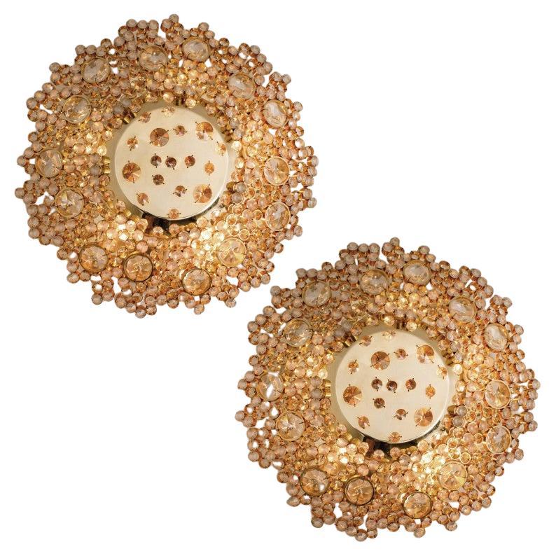 Pair of Gilded Brass and Crystal Glass Flush Mount Wall Light by Palwa, 1960s en vente
