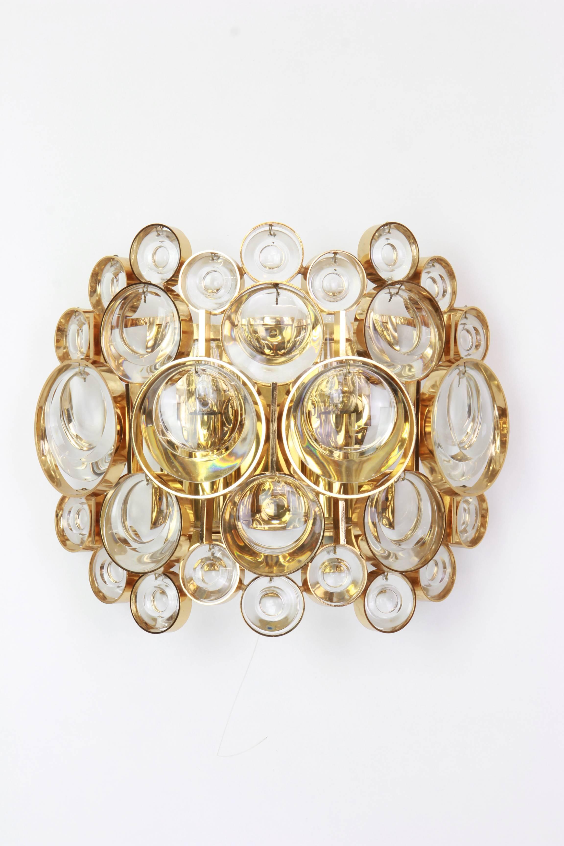 Pair of Gilded Brass and Crystal Sconce, Sciolari Design, Palwa, Germany, 1960s In Good Condition In Aachen, NRW