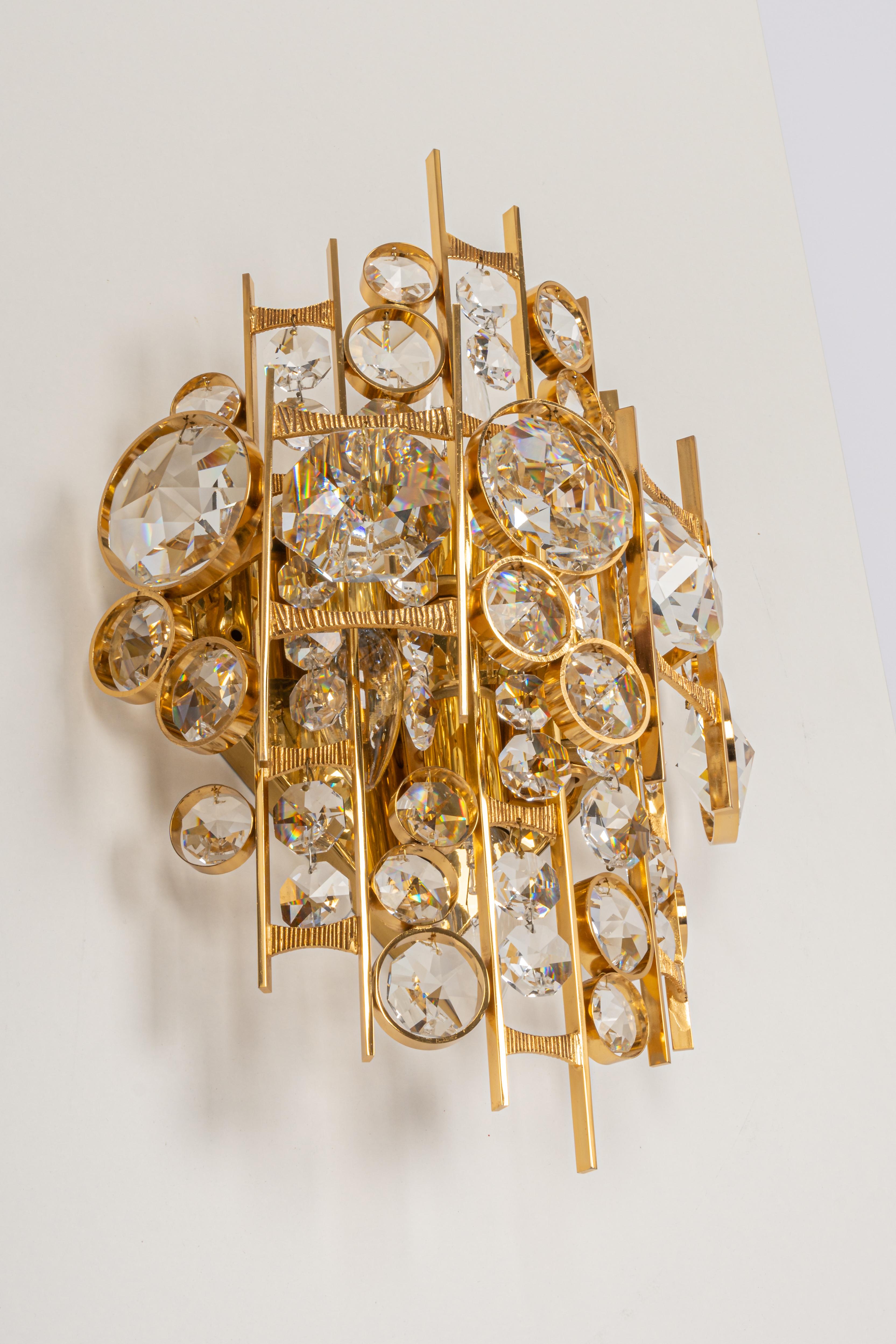 Pair of Gilded Brass and Crystal Sconce, Sciolari Design, Palwa, Germany, 1960s 3
