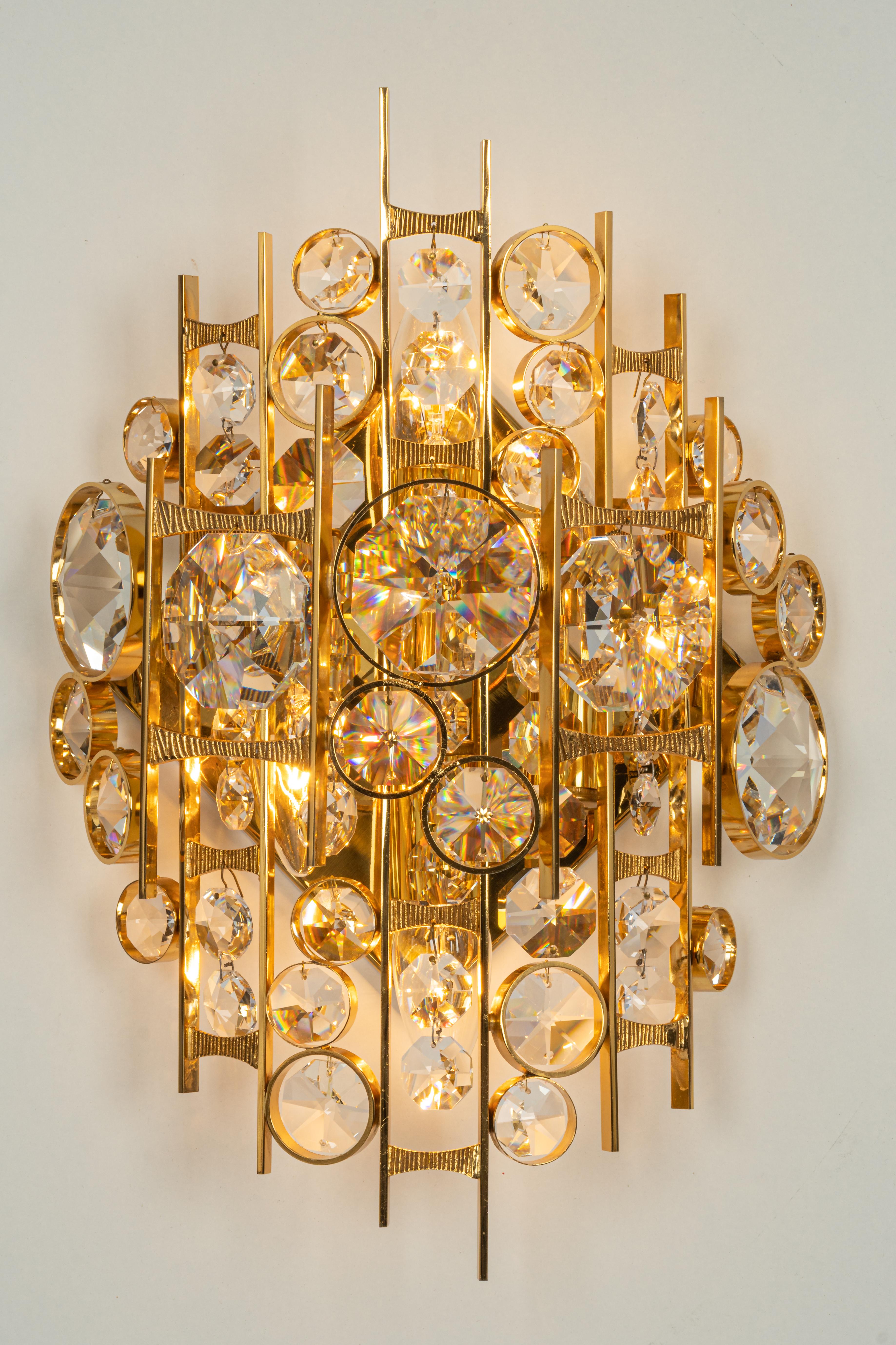 Pair of Gilded Brass and Crystal Sconce, Sciolari Design, Palwa, Germany, 1960s 4
