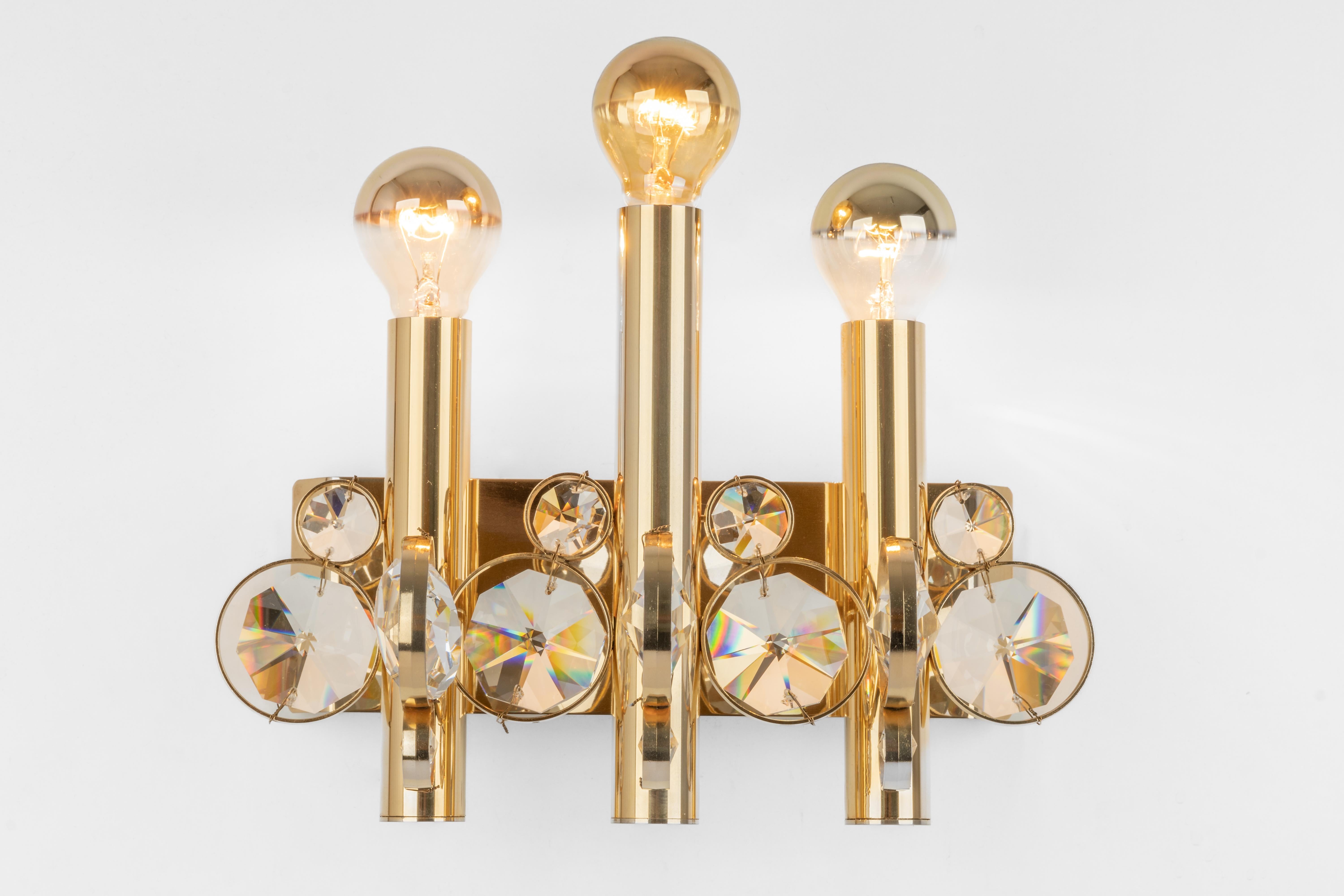 Pair of Gilded Brass Crystal Wall Lights, Sciolari Design, Palwa, Germany, 1960s In Good Condition For Sale In Aachen, NRW