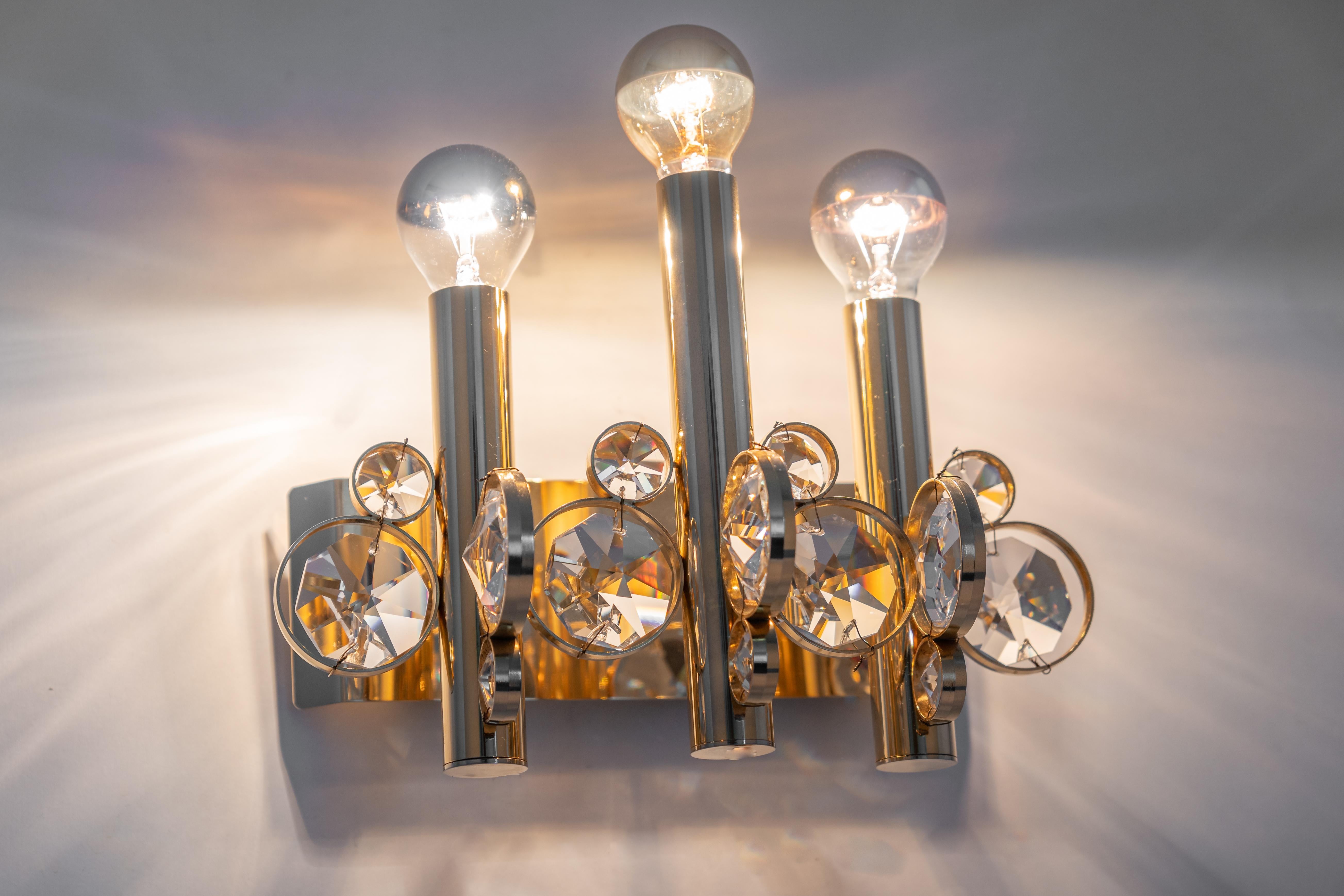 Pair of Gilded Brass Crystal Wall Lights, Sciolari Design, Palwa, Germany, 1960s For Sale 2