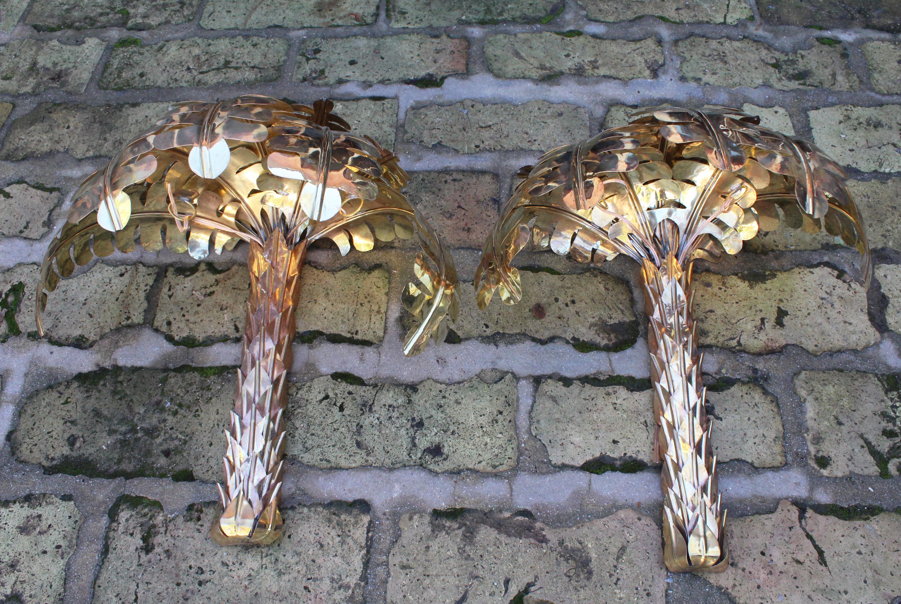 Pair of Gilded Brass Palm Tree Wall Lamps In Good Condition In Marbella, ES