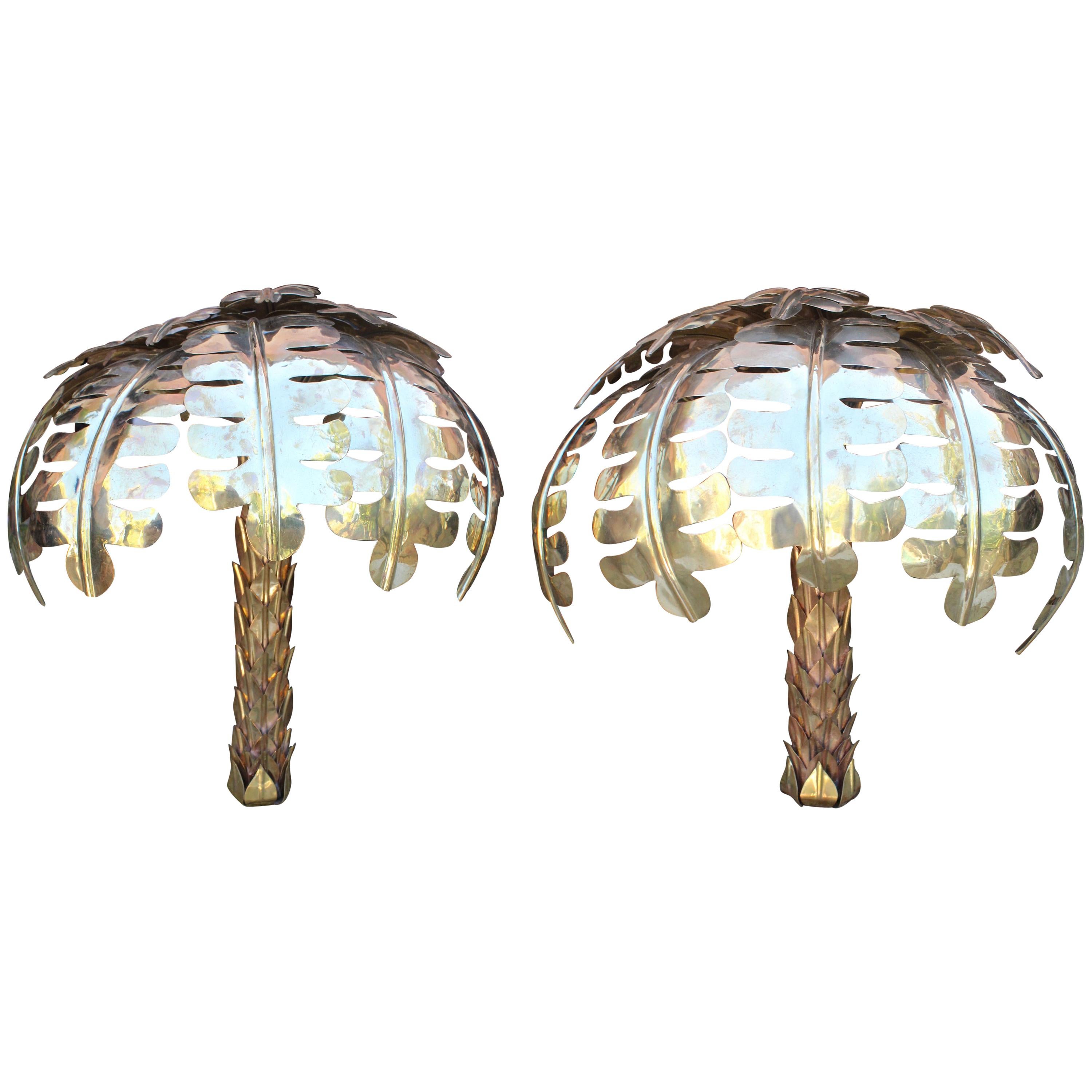 Pair of Gilded Brass Palm Tree Wall Lamps