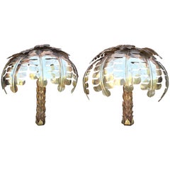 Pair of Gilded Brass Palm Tree Wall Lamps