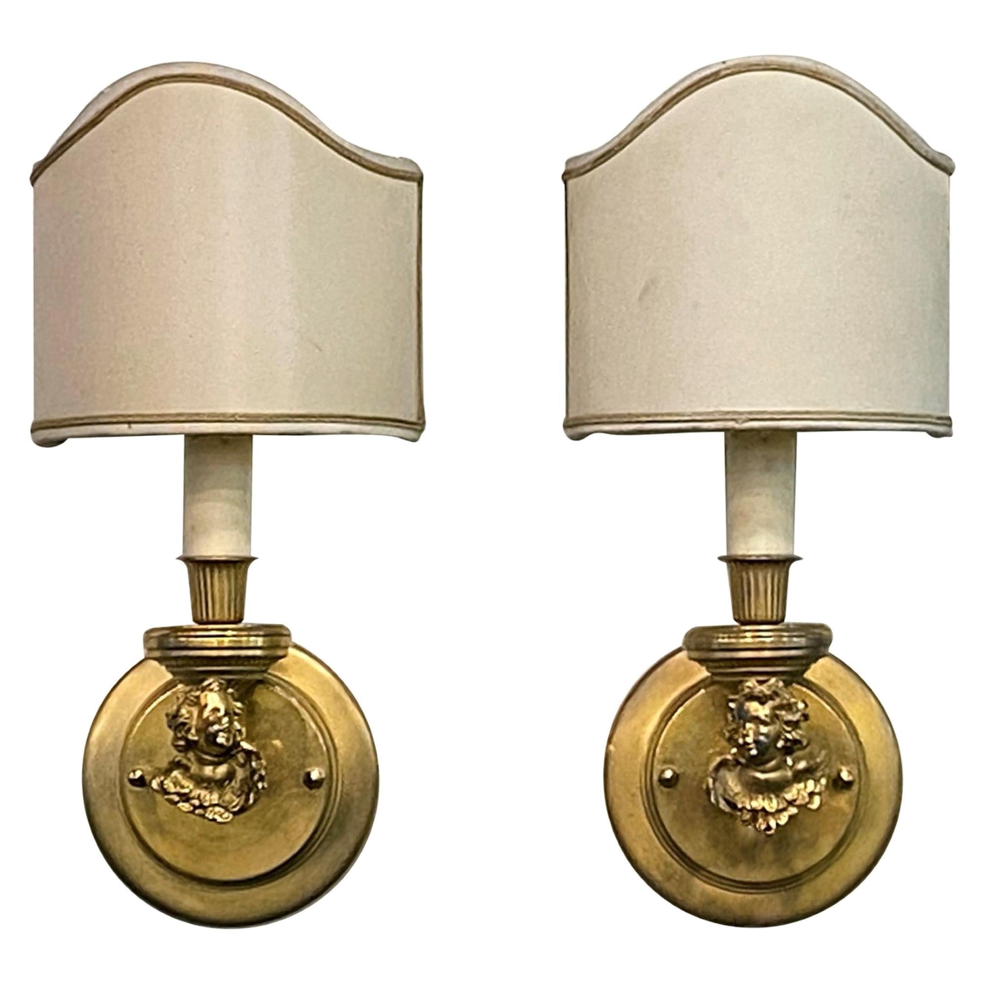 Pair of Gilded Brass Single Arm Wall Sconces Cherub Design