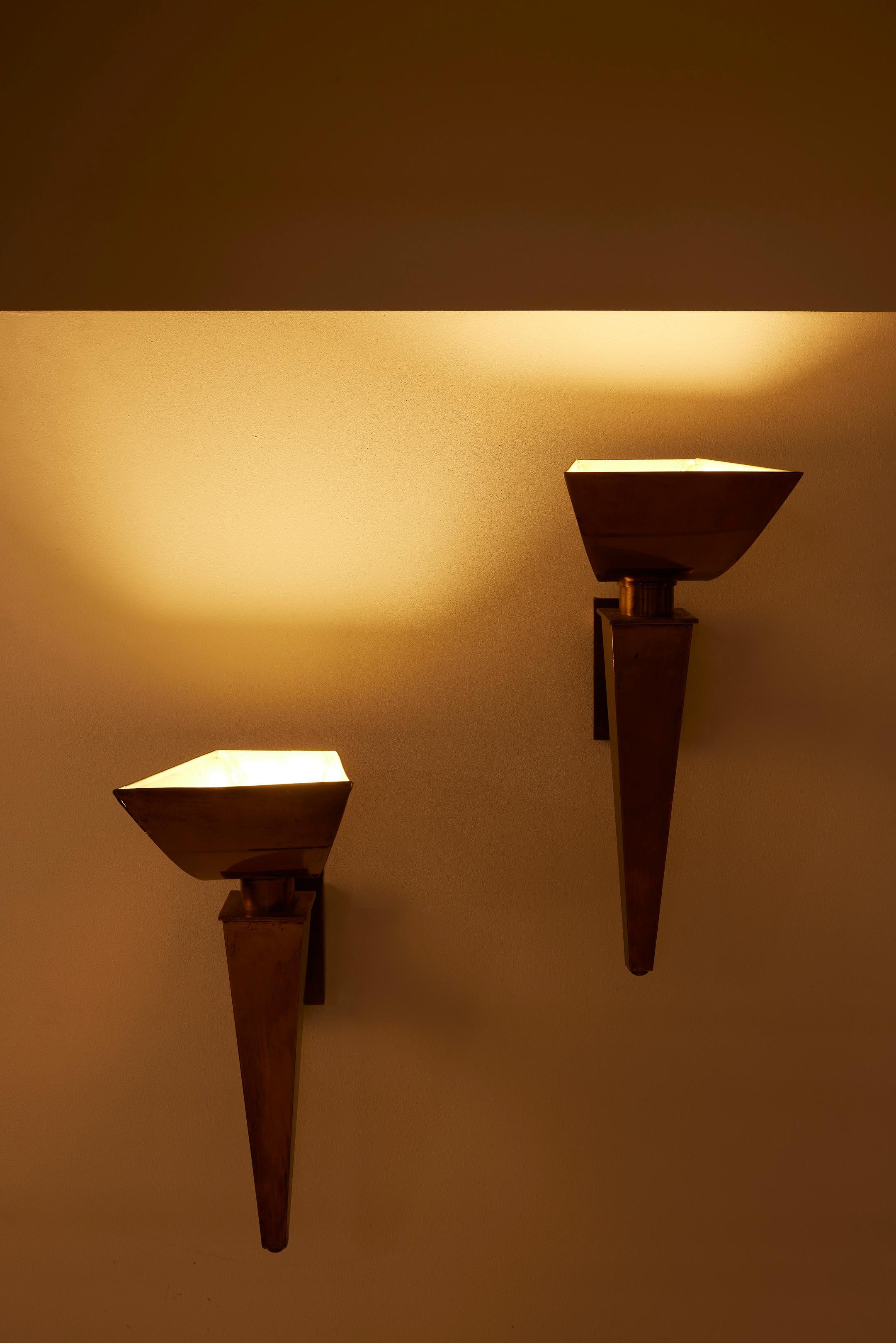 Pair of gilded brass wall sconces by Jean-Boris Lacroix In Good Condition For Sale In PARIS, FR