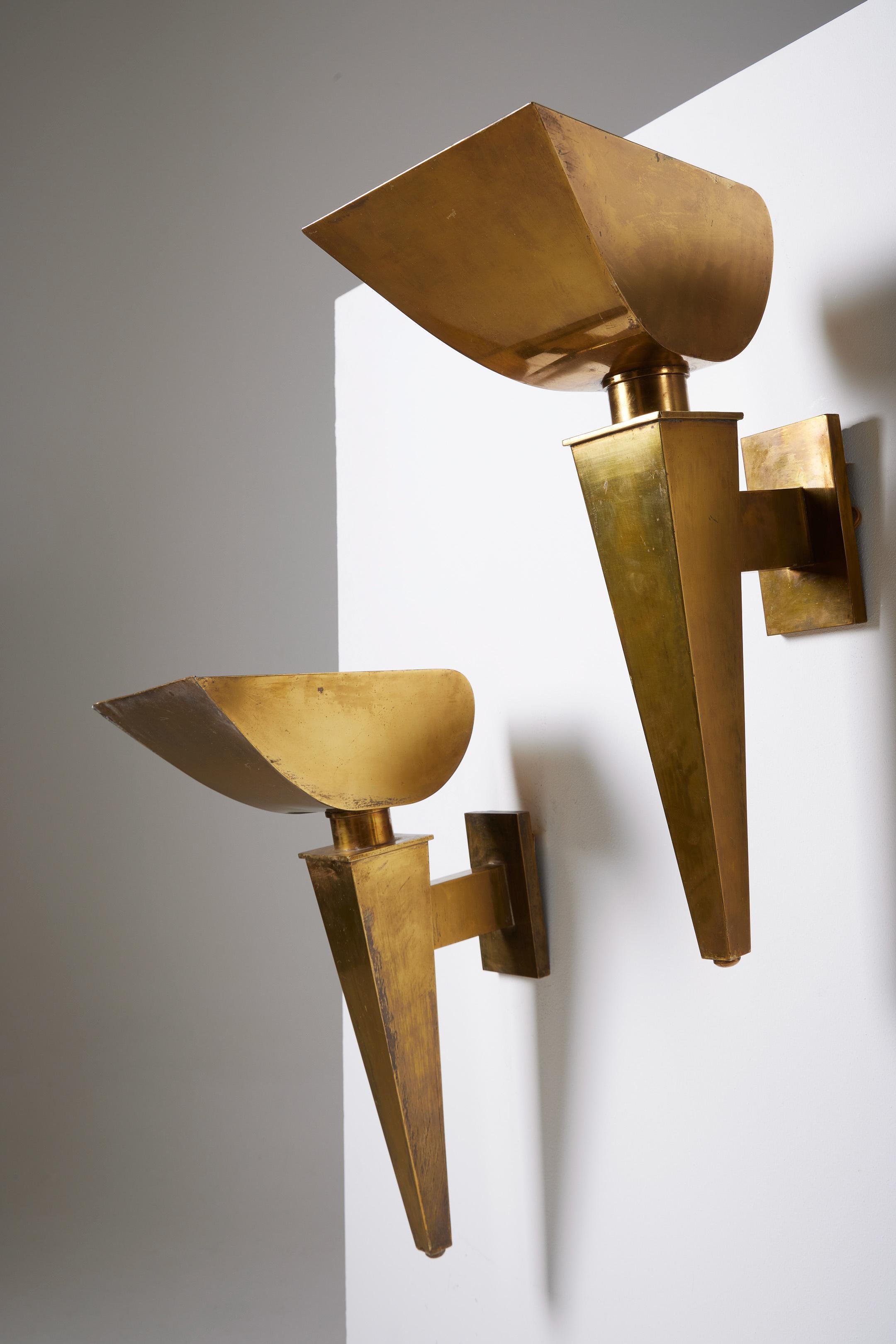Pair of gilded brass wall sconces by Jean-Boris Lacroix For Sale 1