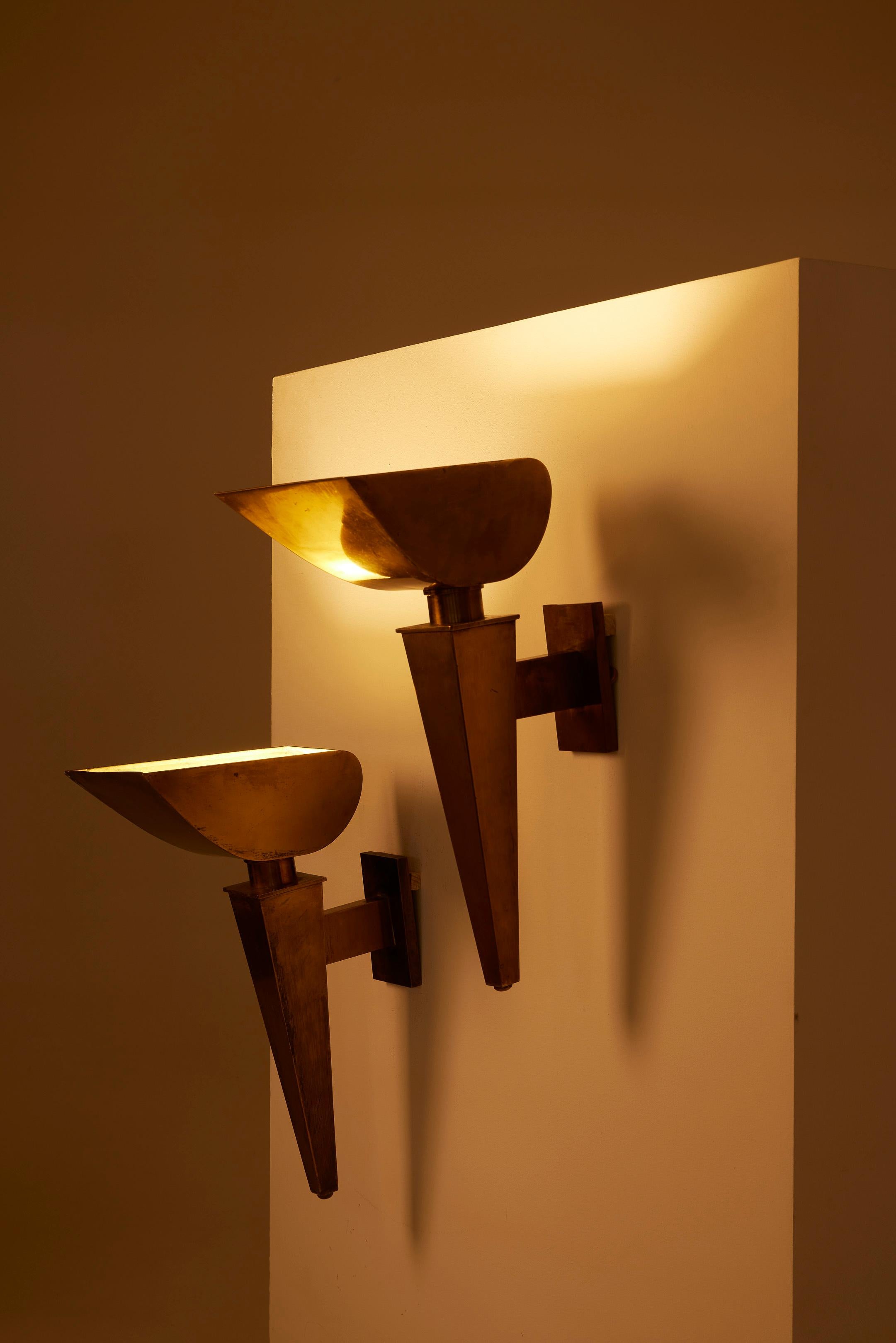 Pair of gilded brass wall sconces by Jean-Boris Lacroix For Sale 2