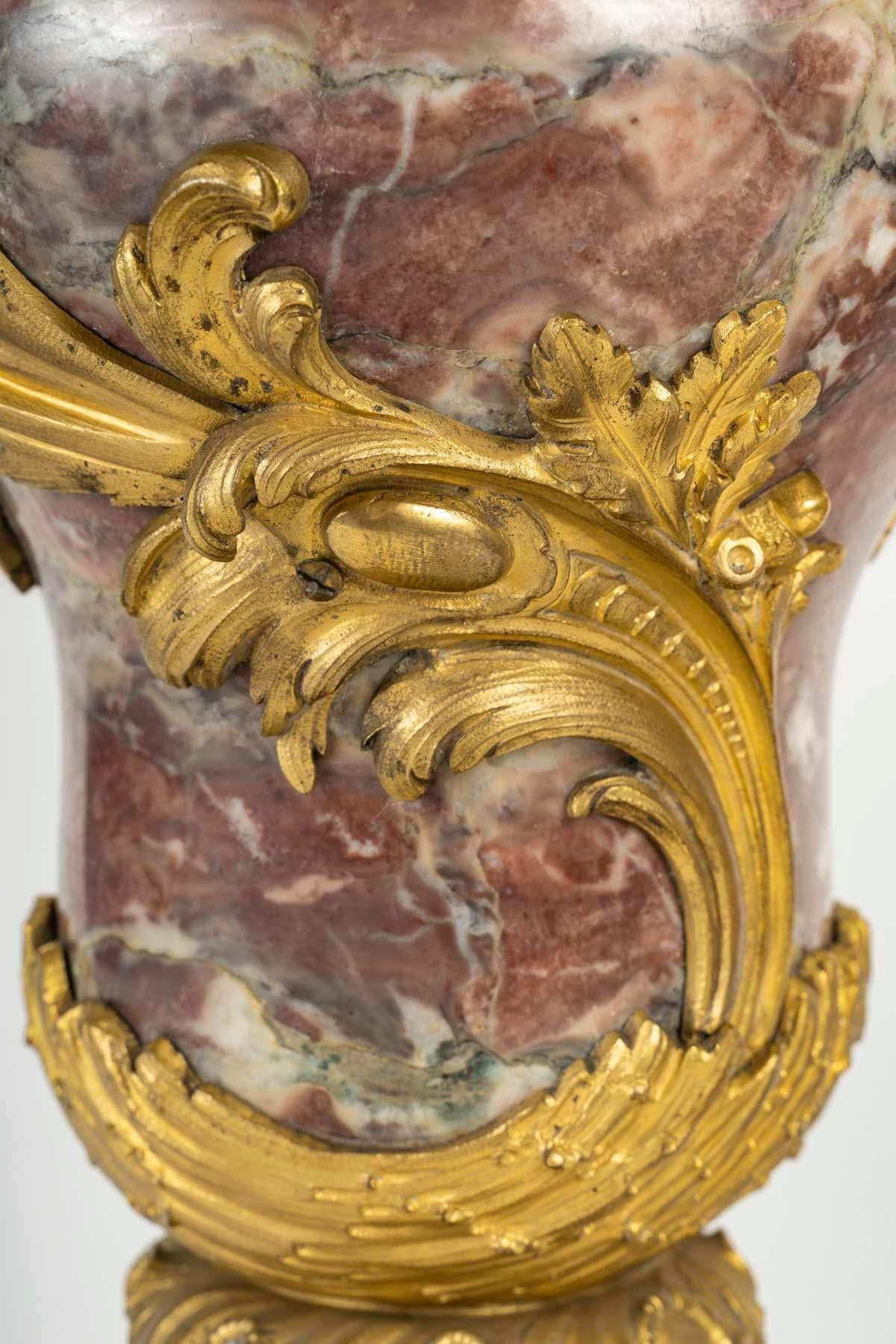 French Pair of Gilded Bronze and Marble Cassolettes, 19th Century, Napoleon III Period. For Sale