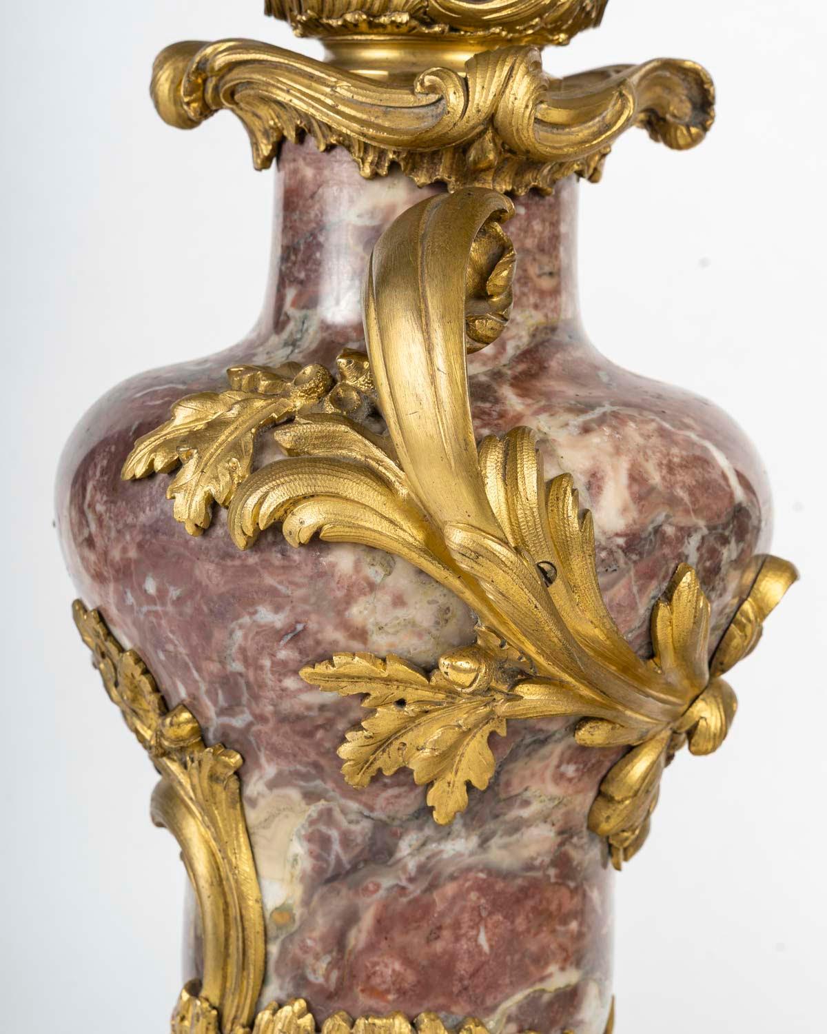 Gilt Pair of Gilded Bronze and Marble Cassolettes, 19th Century, Napoleon III Period. For Sale
