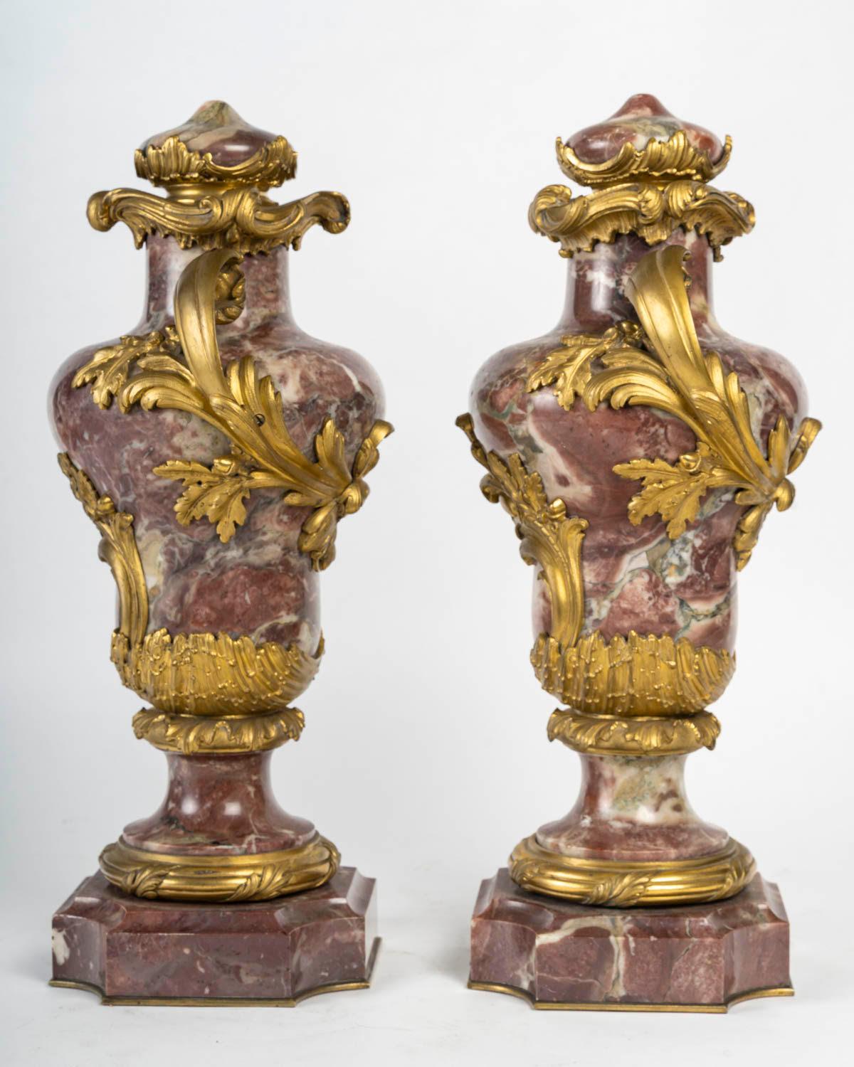 Pair of Gilded Bronze and Marble Cassolettes, 19th Century, Napoleon III Period. For Sale 1