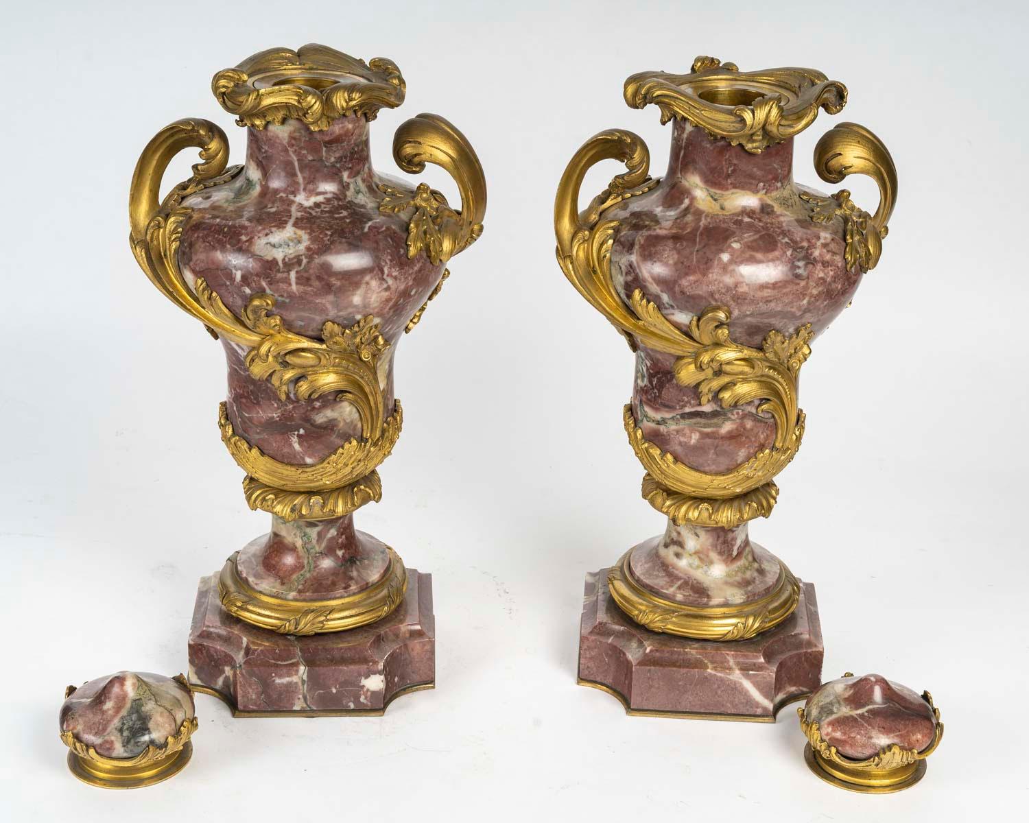 Pair of Gilded Bronze and Marble Cassolettes, 19th Century, Napoleon III Period. For Sale 3