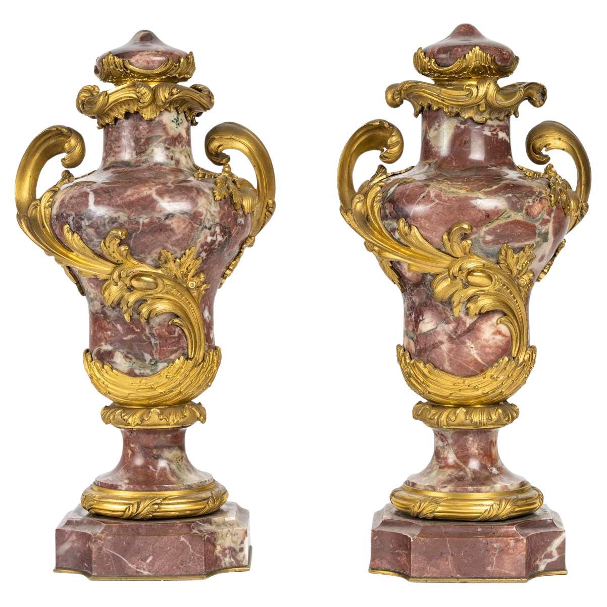 Pair of Gilded Bronze and Marble Cassolettes, 19th Century, Napoleon III Period. For Sale