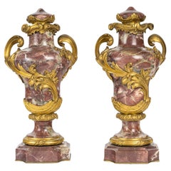 Pair of Gilded Bronze and Marble Cassolettes, 19th Century, Napoleon III Period.