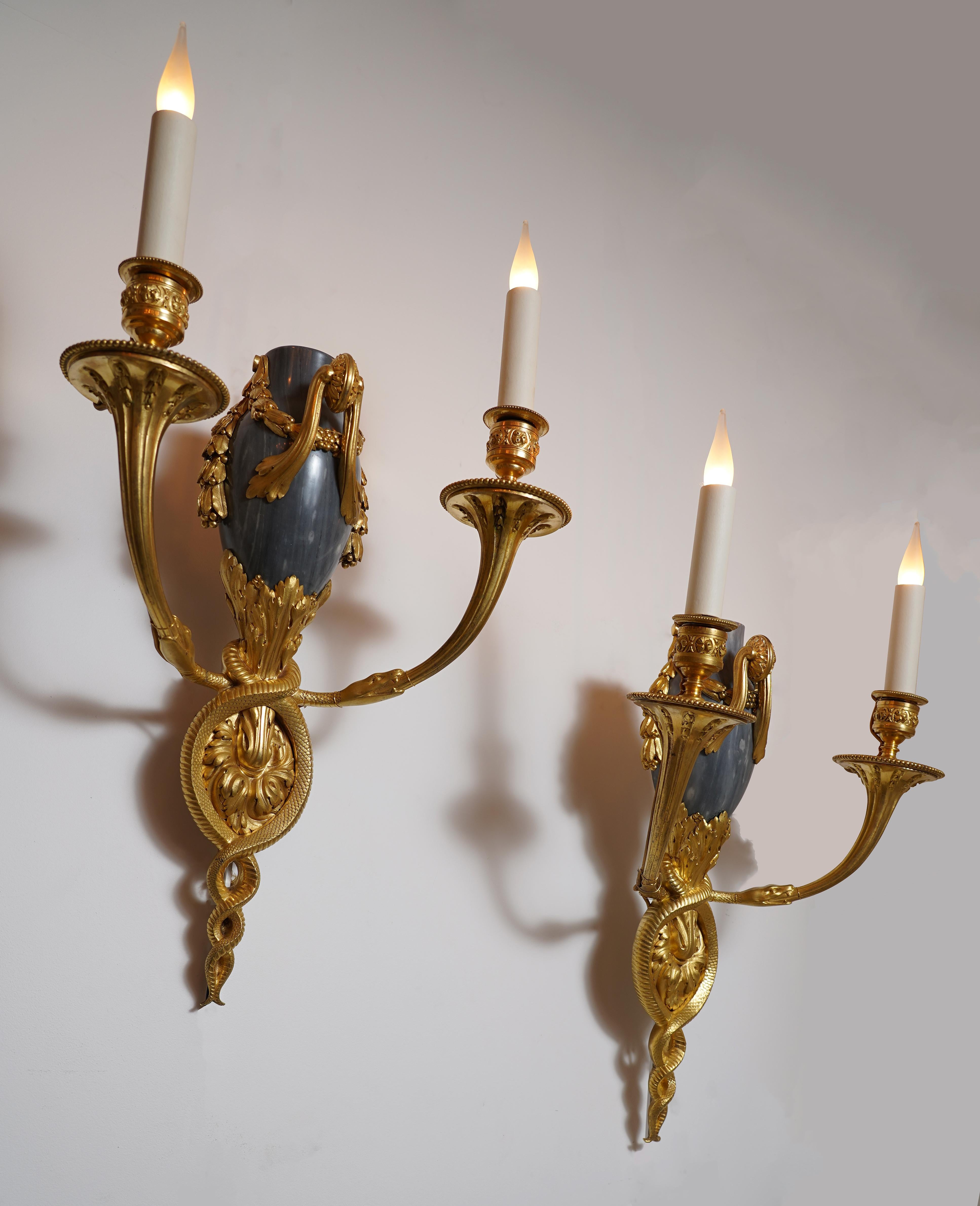 Louis XVI Pair of Gilded Bronze and Marble Wall-Lights attr. to H. Dasson, France, c 1880 For Sale