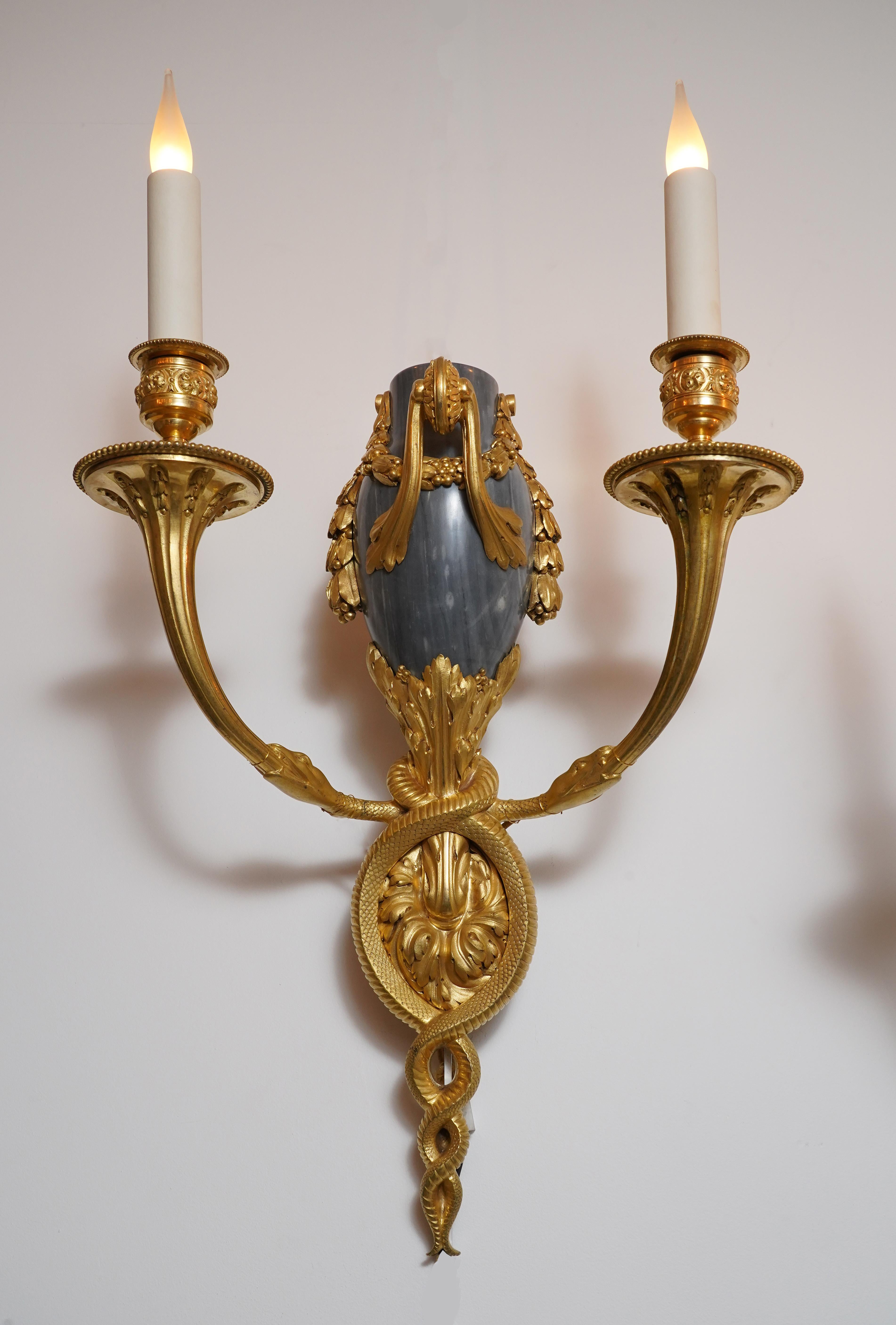 French Pair of Gilded Bronze and Marble Wall-Lights attr. to H. Dasson, France, c 1880 For Sale