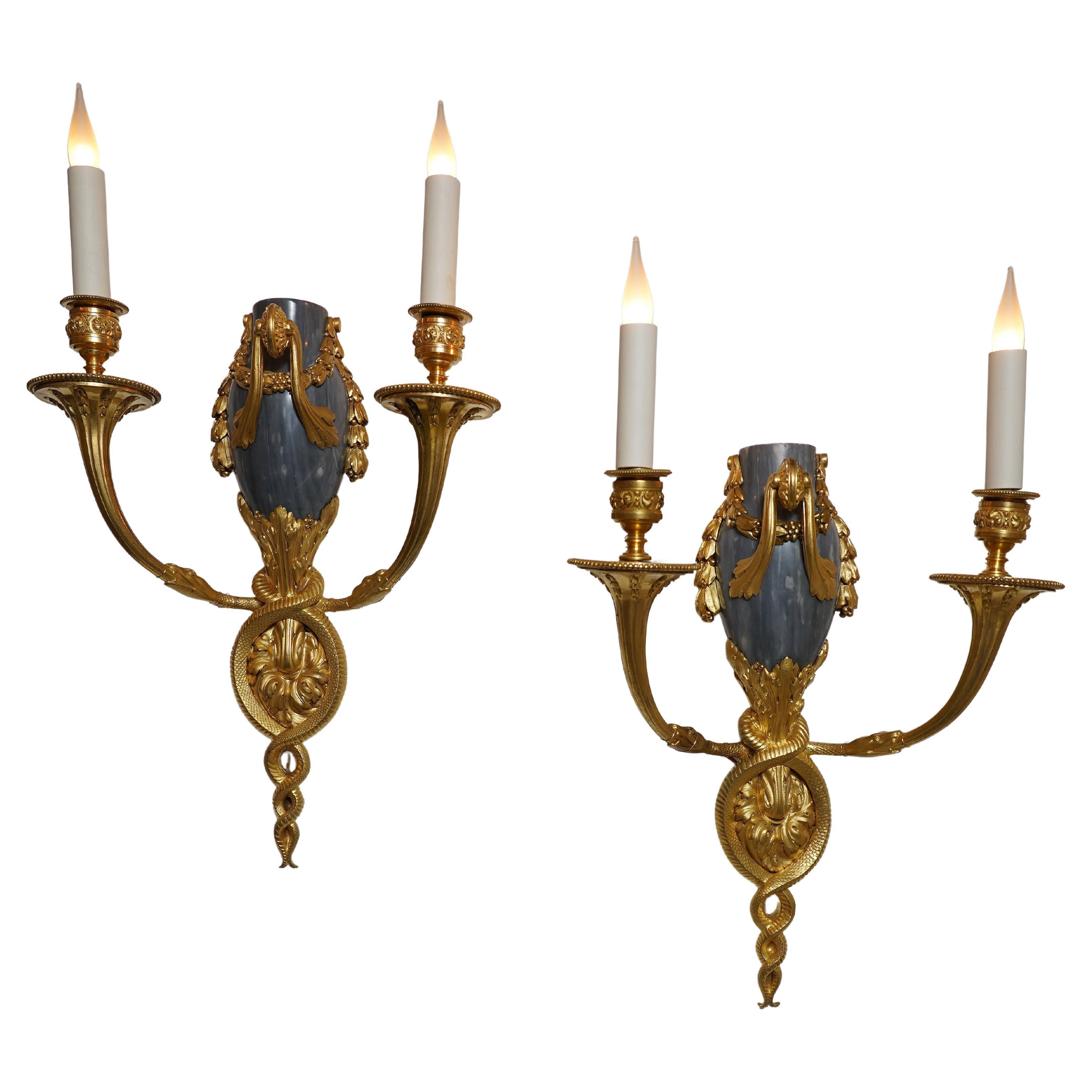 Pair of Gilded Bronze and Marble Wall-Lights attr. to H. Dasson, France, c 1880 For Sale