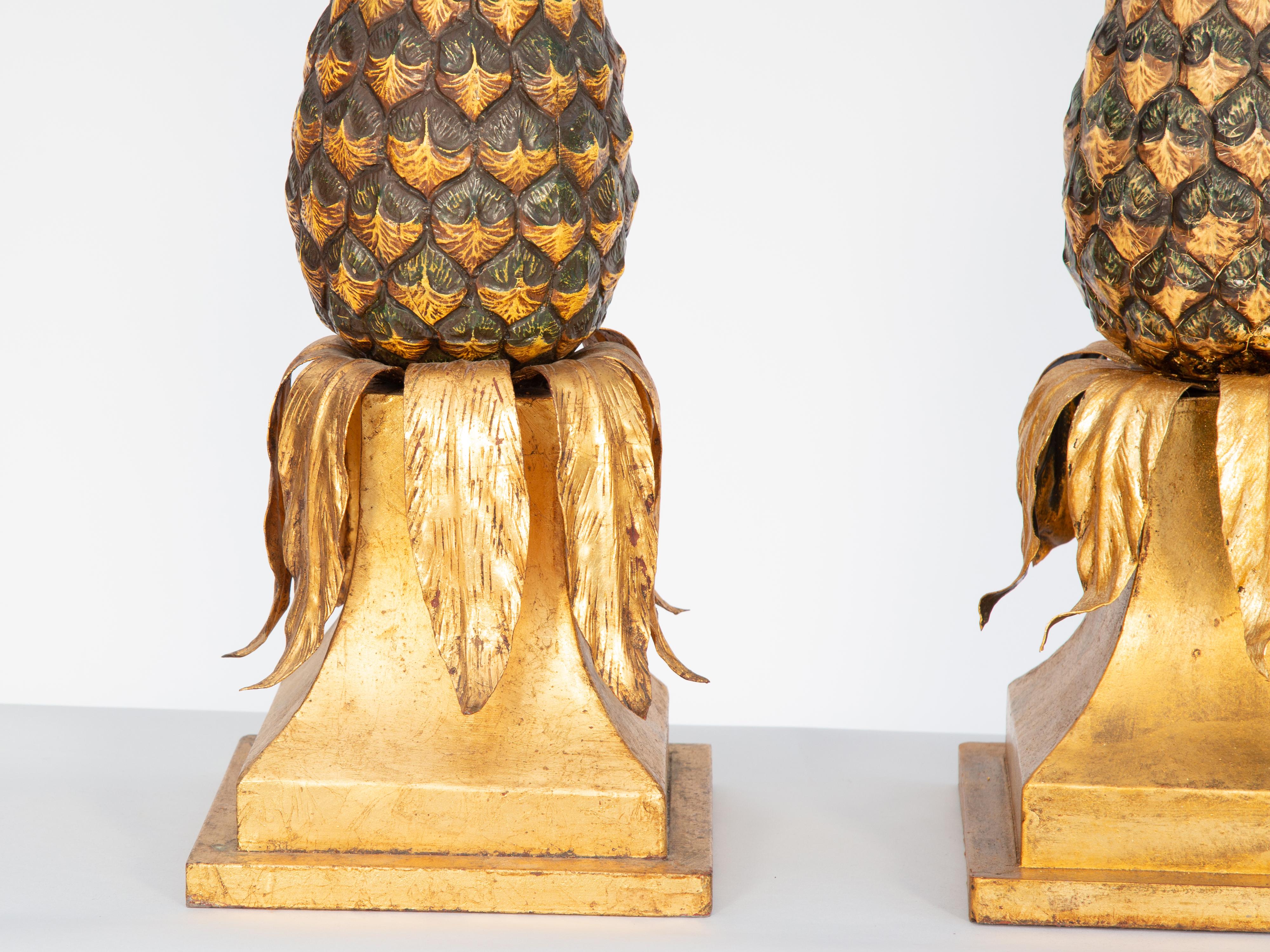 Hollywood Regency Pair of Gilded Bronze and Tole Pineapple Lamps by Warren Kessler For Sale