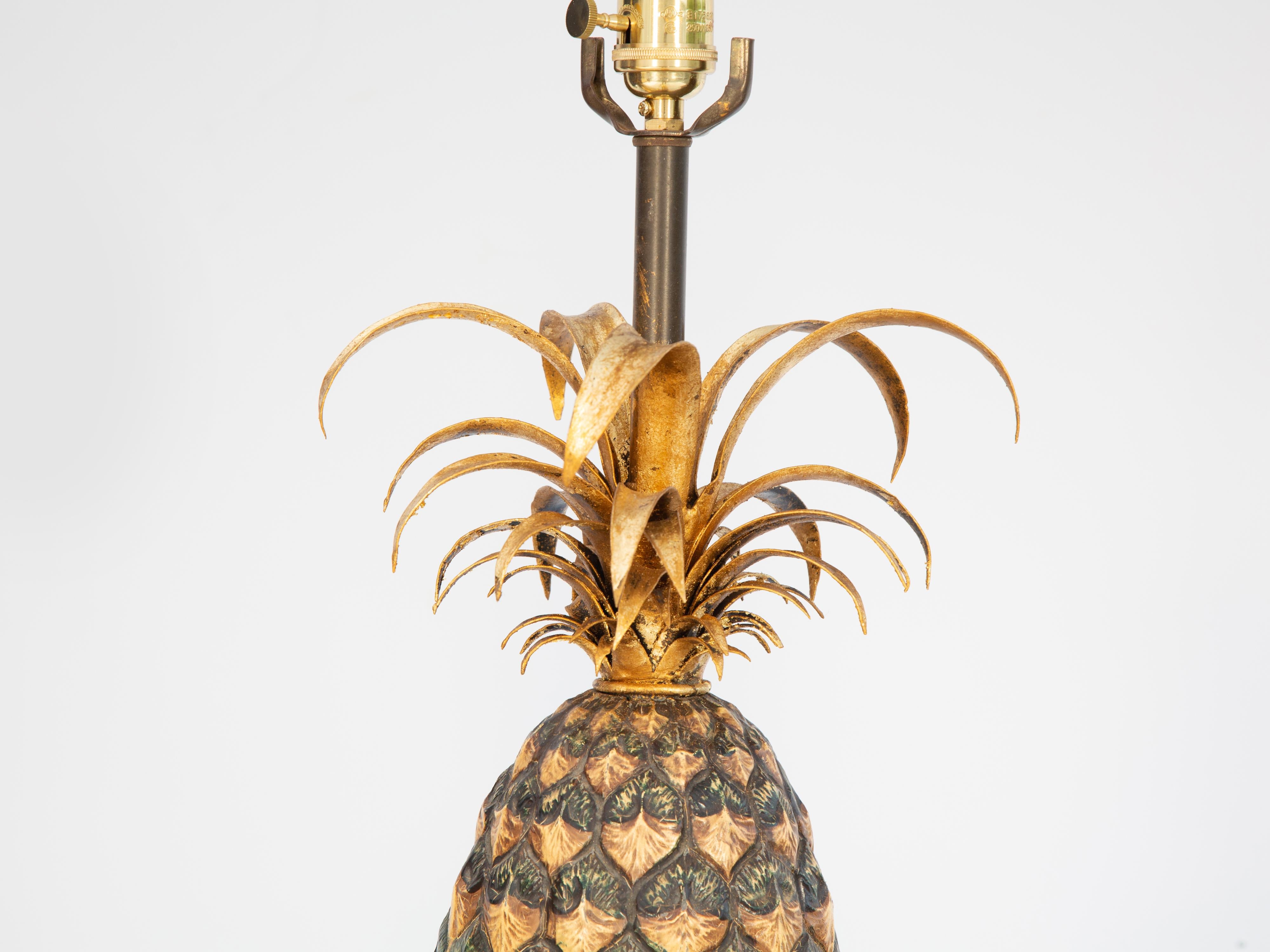 Italian Pair of Gilded Bronze and Tole Pineapple Lamps by Warren Kessler For Sale