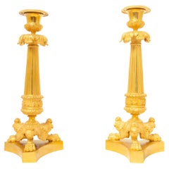 Antique Pair of Gilded Bronze Candlesticks from French Restauration Era