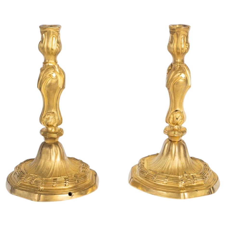 Pair of Gilded Bronze Candlesticks in the Louis XVI Style, 19th Century.