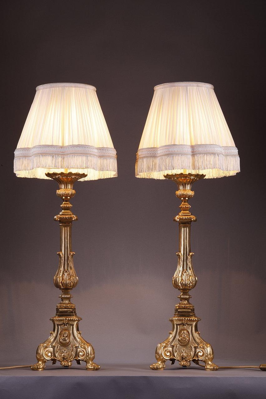 Pair of Gilded Bronze Candlesticks with Pagoda Lampshade, 19th Century 11