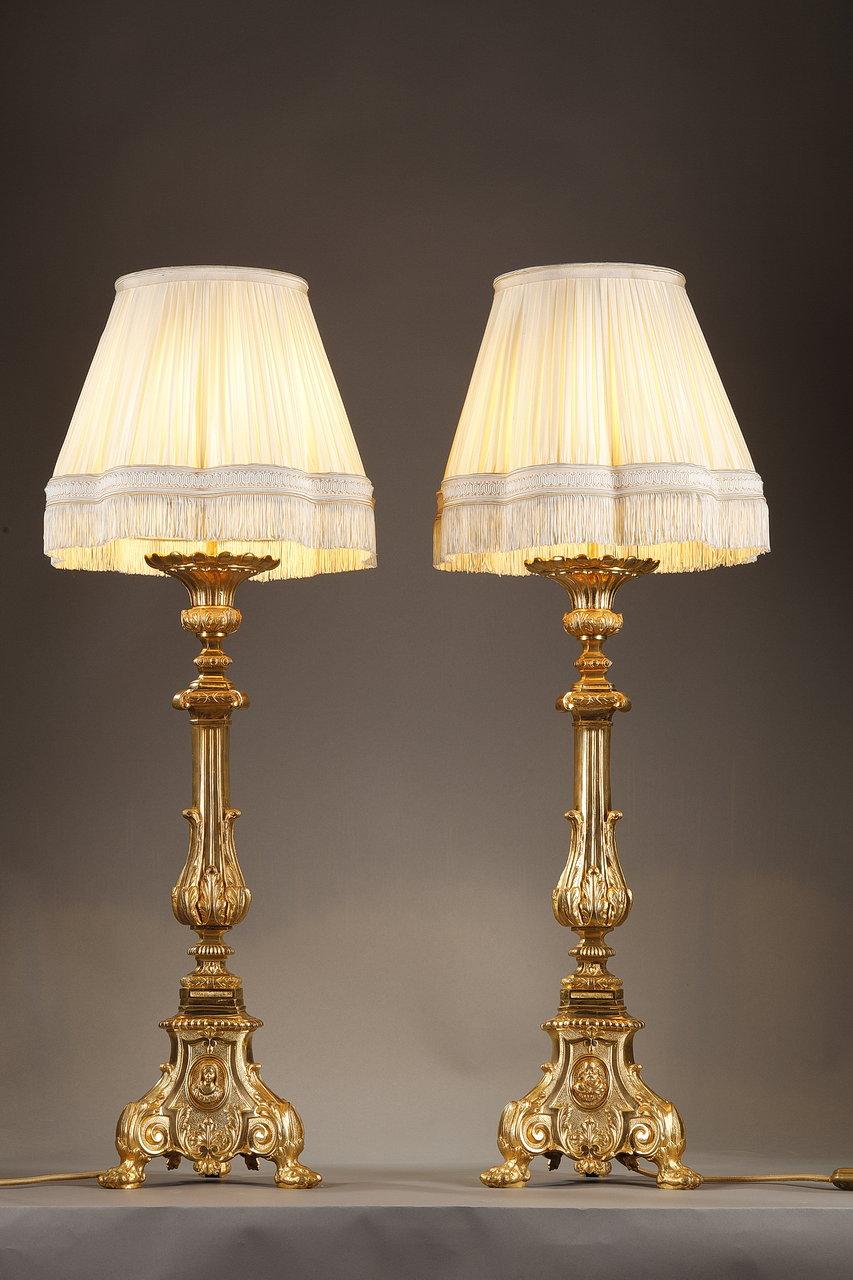 Louis XVI Pair of Gilded Bronze Candlesticks with Pagoda Lampshade, 19th Century