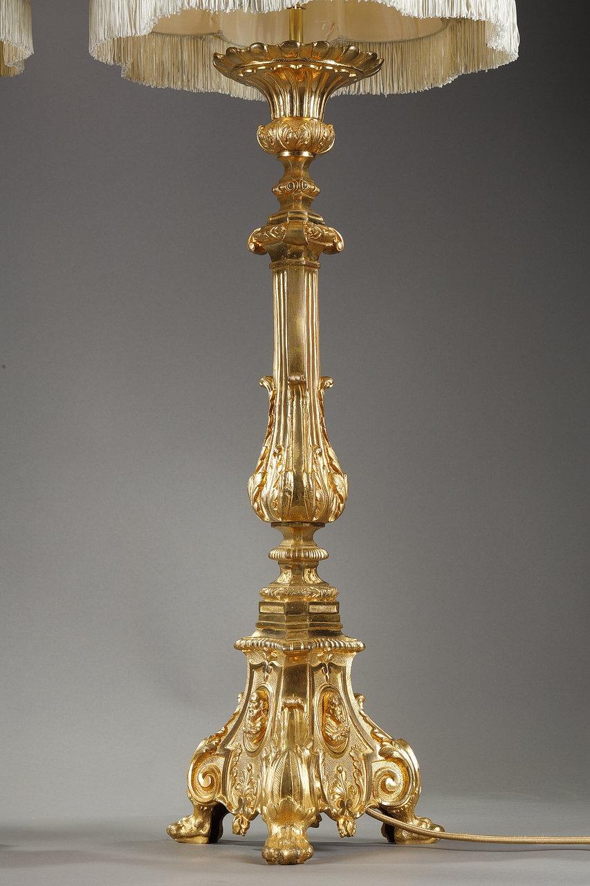 French Pair of Gilded Bronze Candlesticks with Pagoda Lampshade, 19th Century