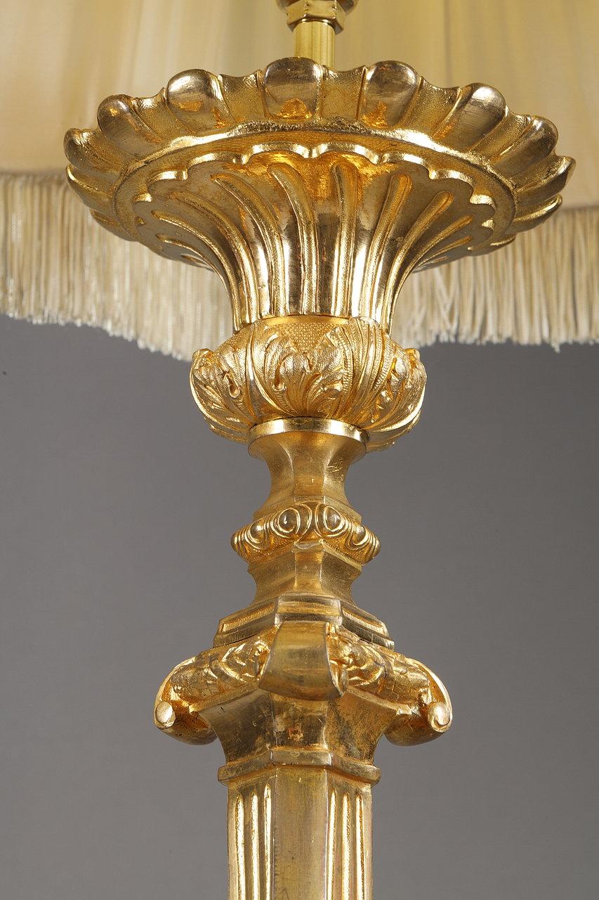 Pair of Gilded Bronze Candlesticks with Pagoda Lampshade, 19th Century 1
