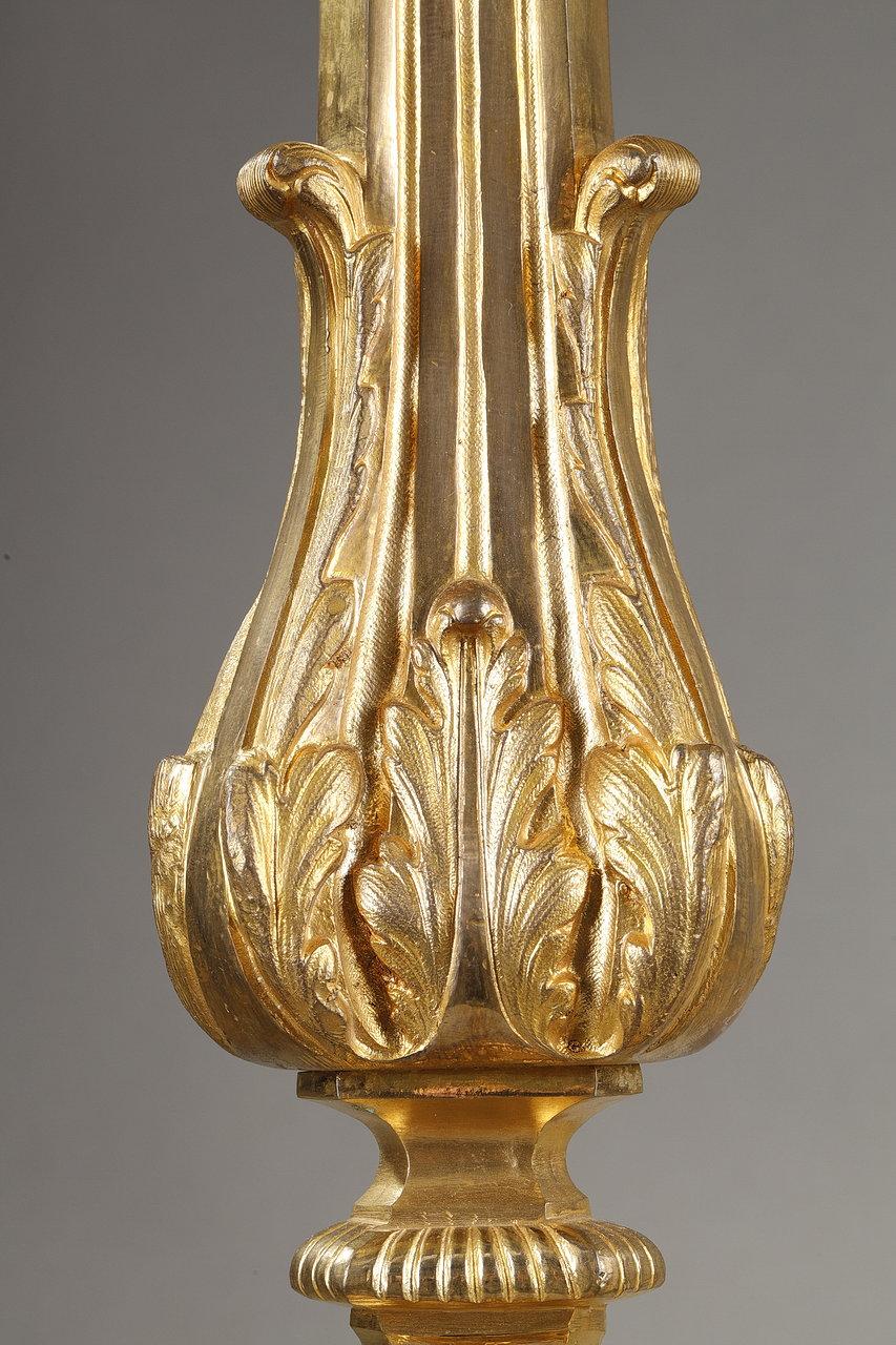 Pair of Gilded Bronze Candlesticks with Pagoda Lampshade, 19th Century 2