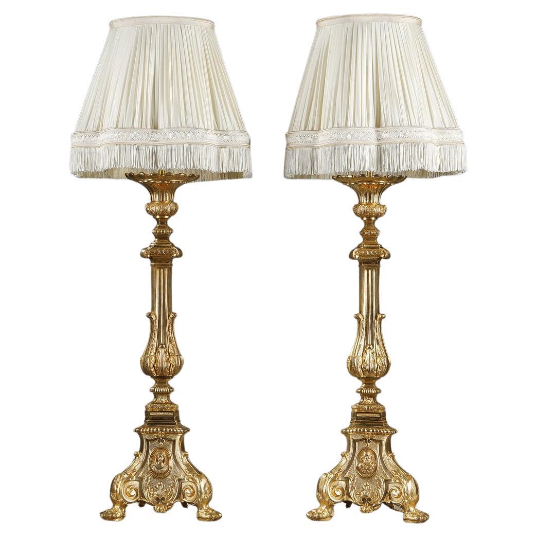 Pair of Gilded Bronze Candlesticks with Pagoda Lampshade, 19th Century