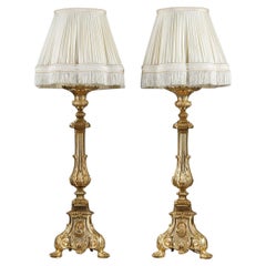 Pair of Gilded Bronze Candlesticks with Pagoda Lampshade, 19th Century