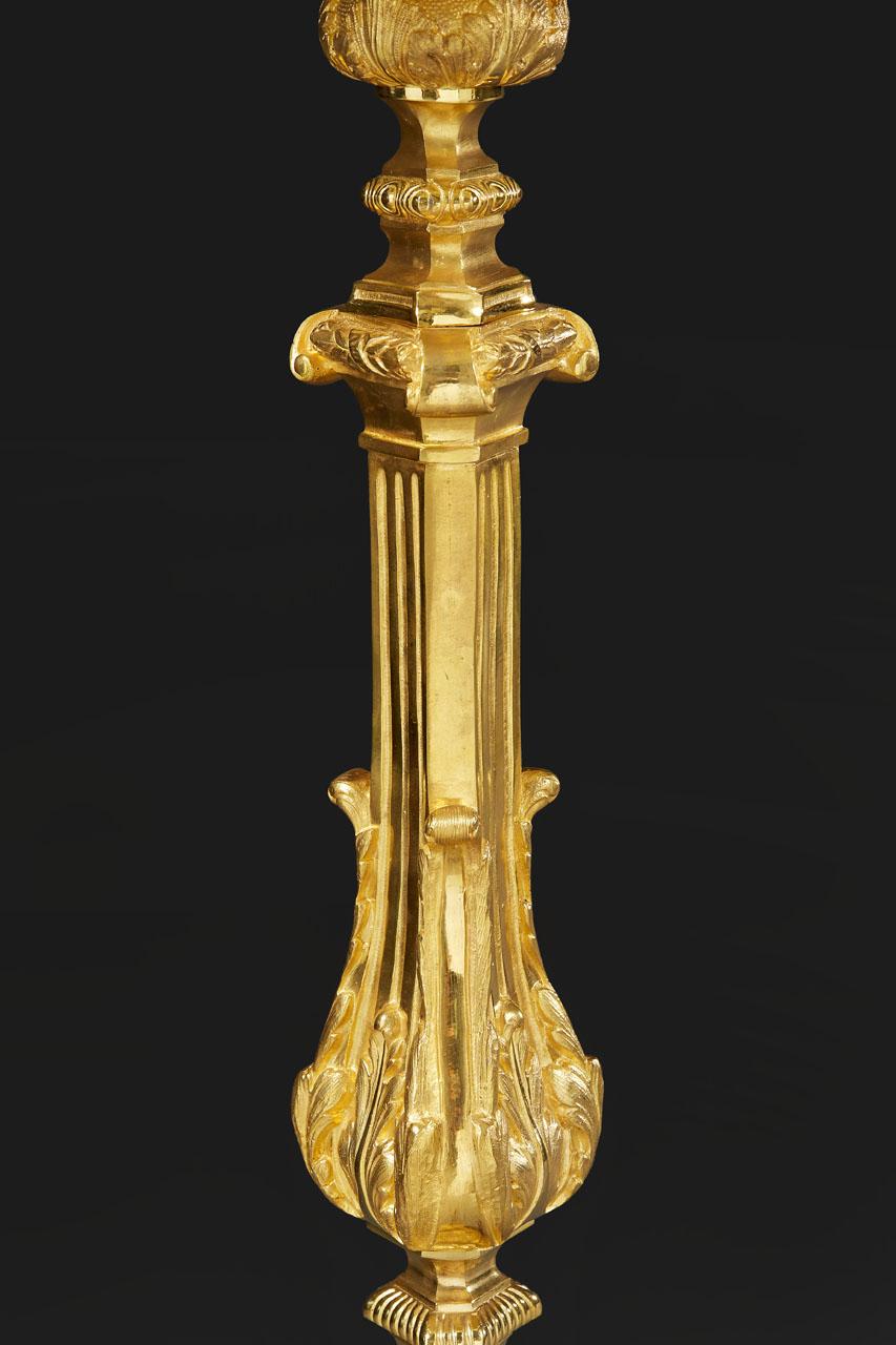 Pair of Gilded Bronze Candlesticks with Saint Decoration, 19th Century For Sale 1