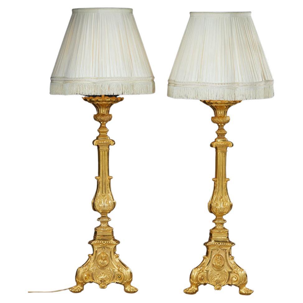 Pair of Gilded Bronze Candlesticks with Saint Decoration, 19th Century For Sale