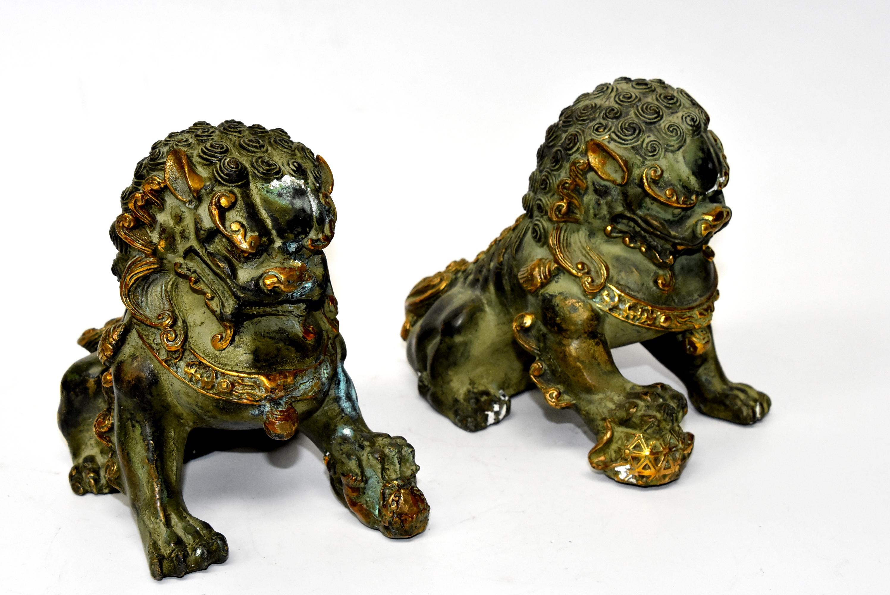 Chinese Pair of Gilded Bronze Foo Dogs