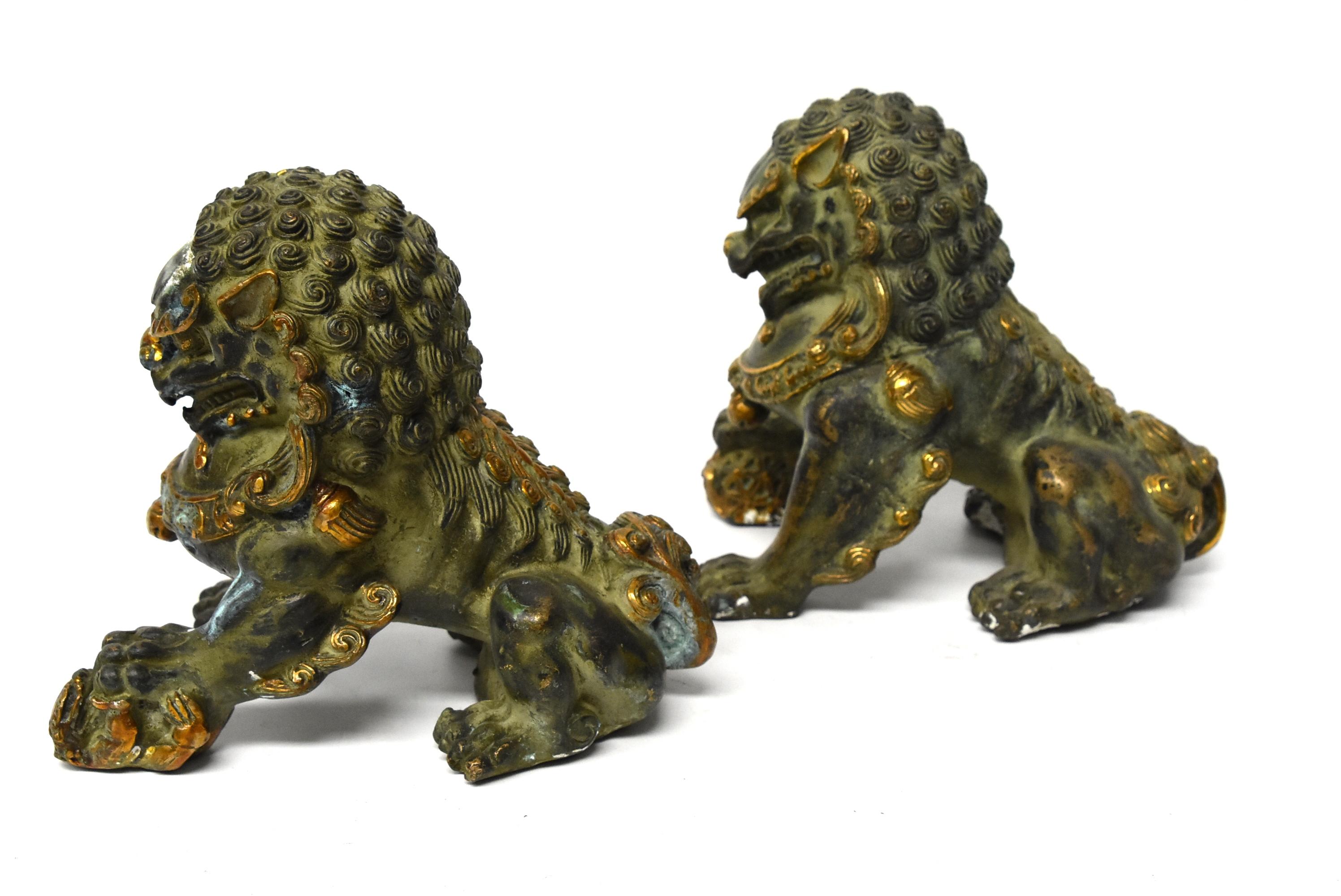 Pair of Gilded Bronze Foo Dogs In Good Condition In Somis, CA