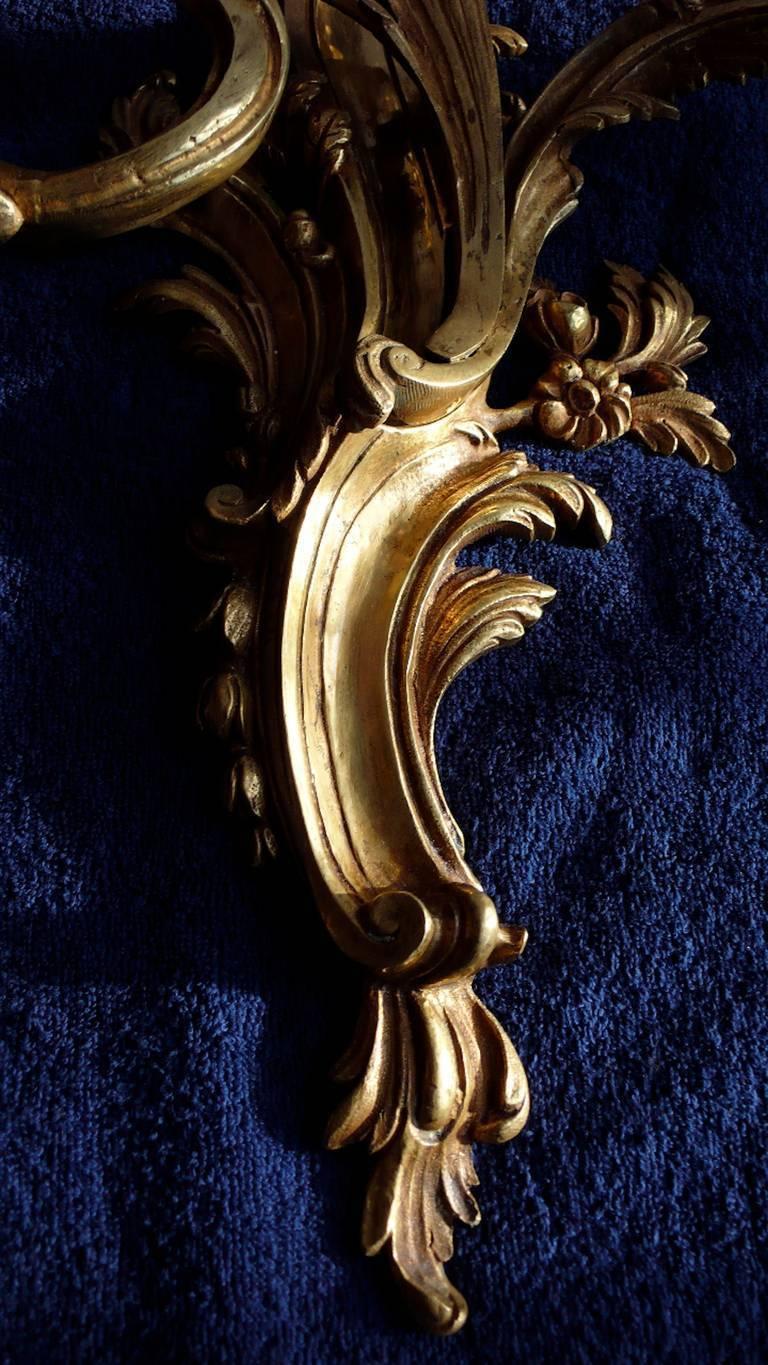 Pair of Gilded Bronze Louis XV Three-Light Sconces For Sale 1