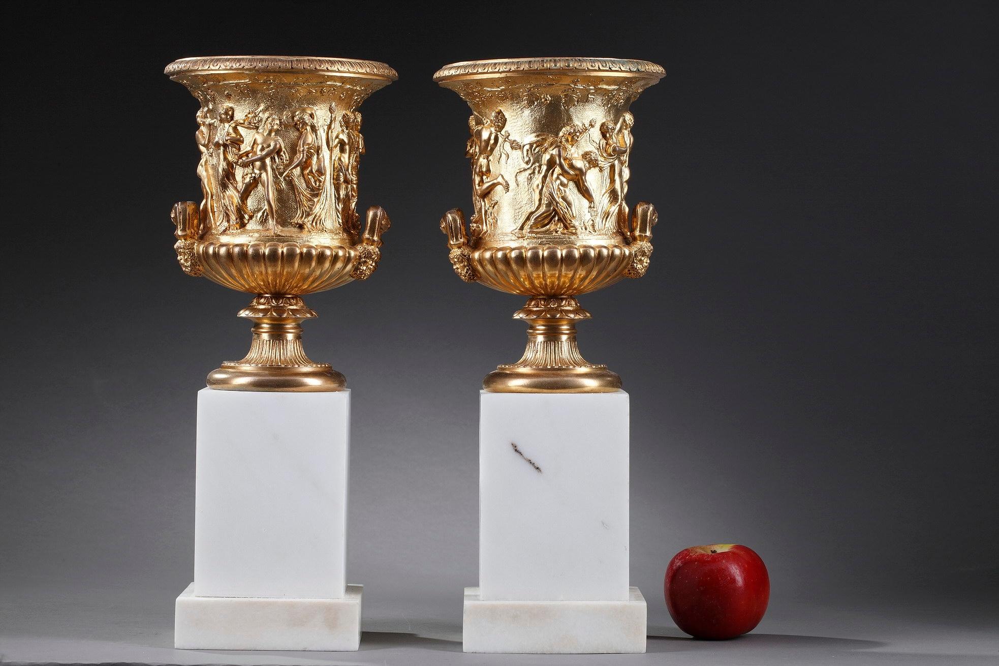 Napoleon III Pair of Gilded Bronze Medici Vases with Antique Decoration