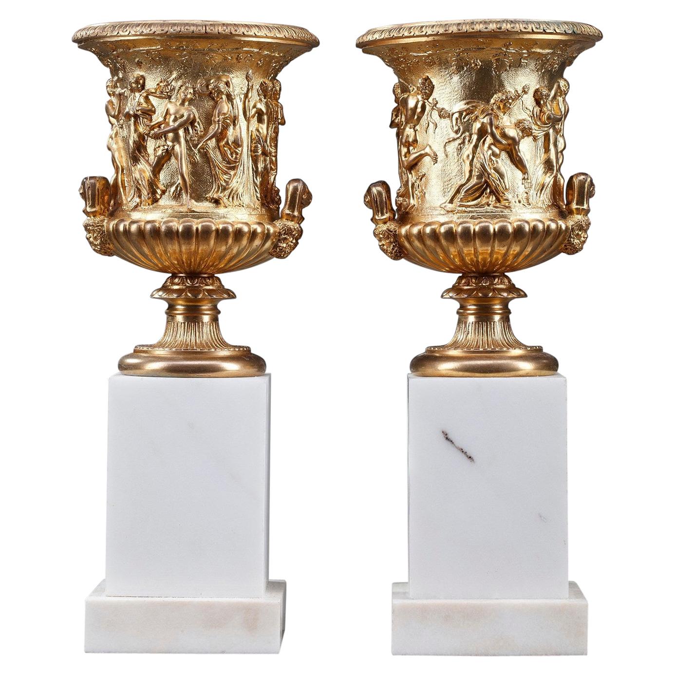 Pair of Gilded Bronze Medici Vases with Antique Decoration
