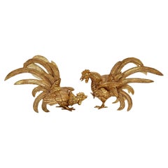 Retro Mid-Century Bronze Gilded Fighting Cockerels - Made in Japan 