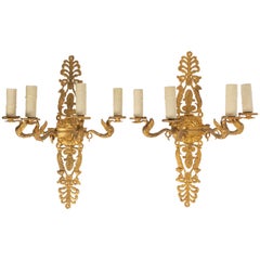 Pair of Gilded Bronze Restoration Style 4-Light Gilded Bronze Wall Lamps