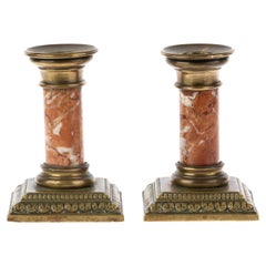 Pair of Gilded Bronze & Rouge Marble Candlesticks 19th Century